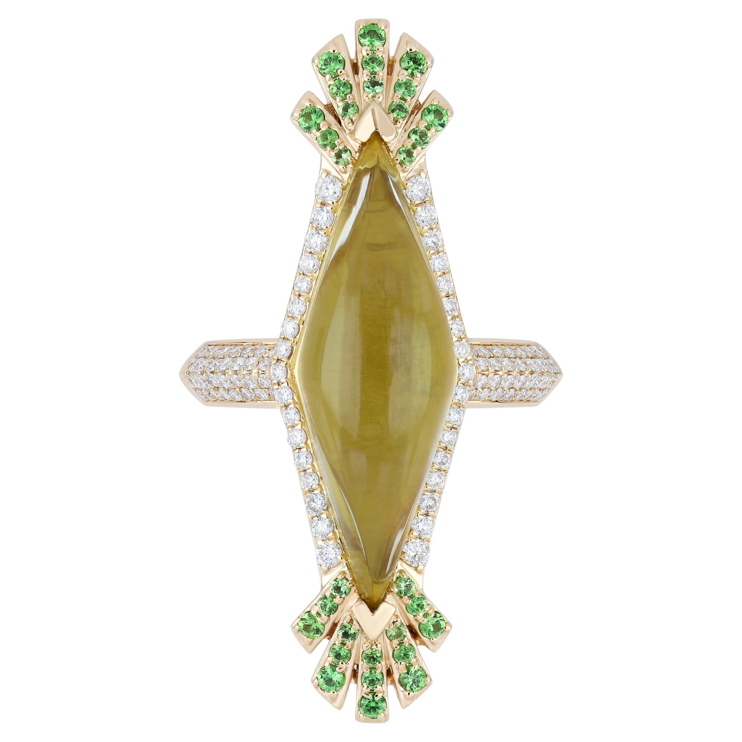 Lemon Quartz, Tsavorite and Diamond Ring in 14K Yellow Gold Hand-Craft Ring