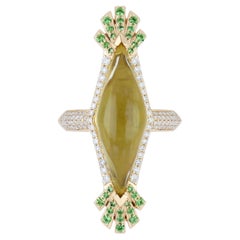 Lemon Quartz, Tsavorite and Diamond Ring in 14K Yellow Gold Hand-Craft Ring