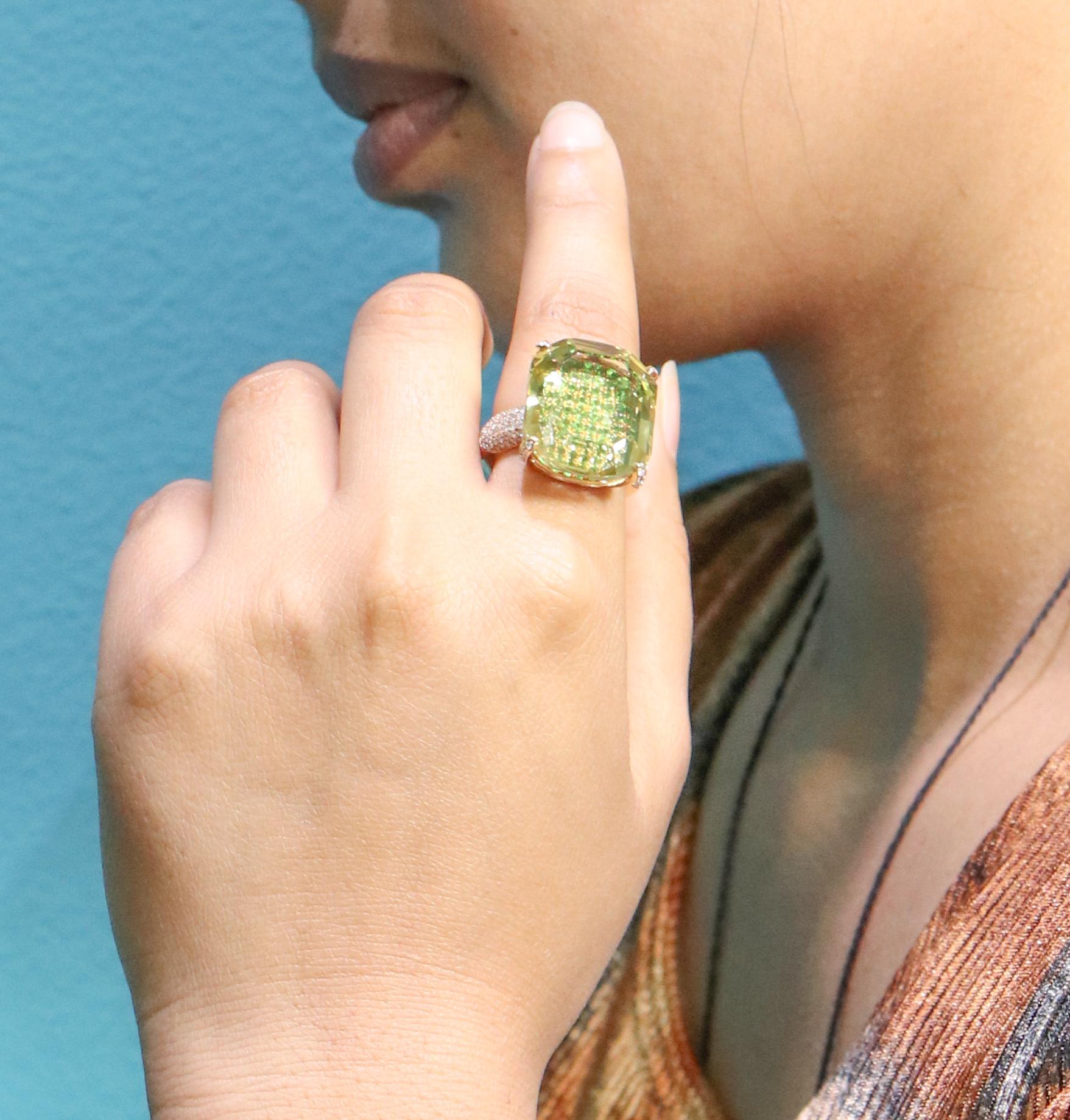 Lemon Quartz, Tsavorite and Diamond Studded Ring in 14 Karat Yellow Gold For Sale 3