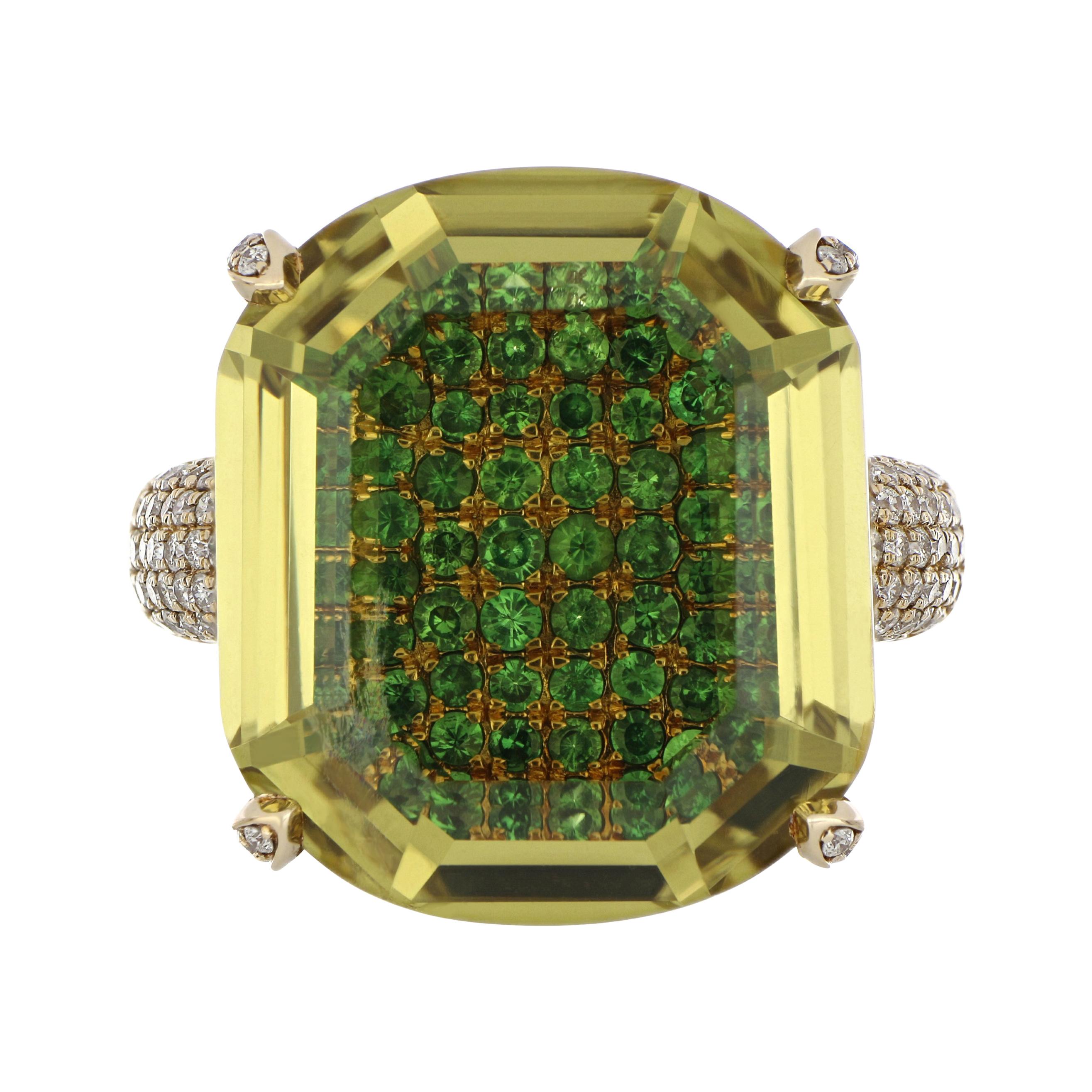 Lemon Quartz, Tsavorite and Diamond Studded Ring in 14 Karat Yellow Gold For Sale