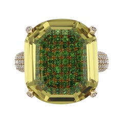 Lemon Quartz, Tsavorite and Diamond Studded Ring in 14 Karat Yellow Gold