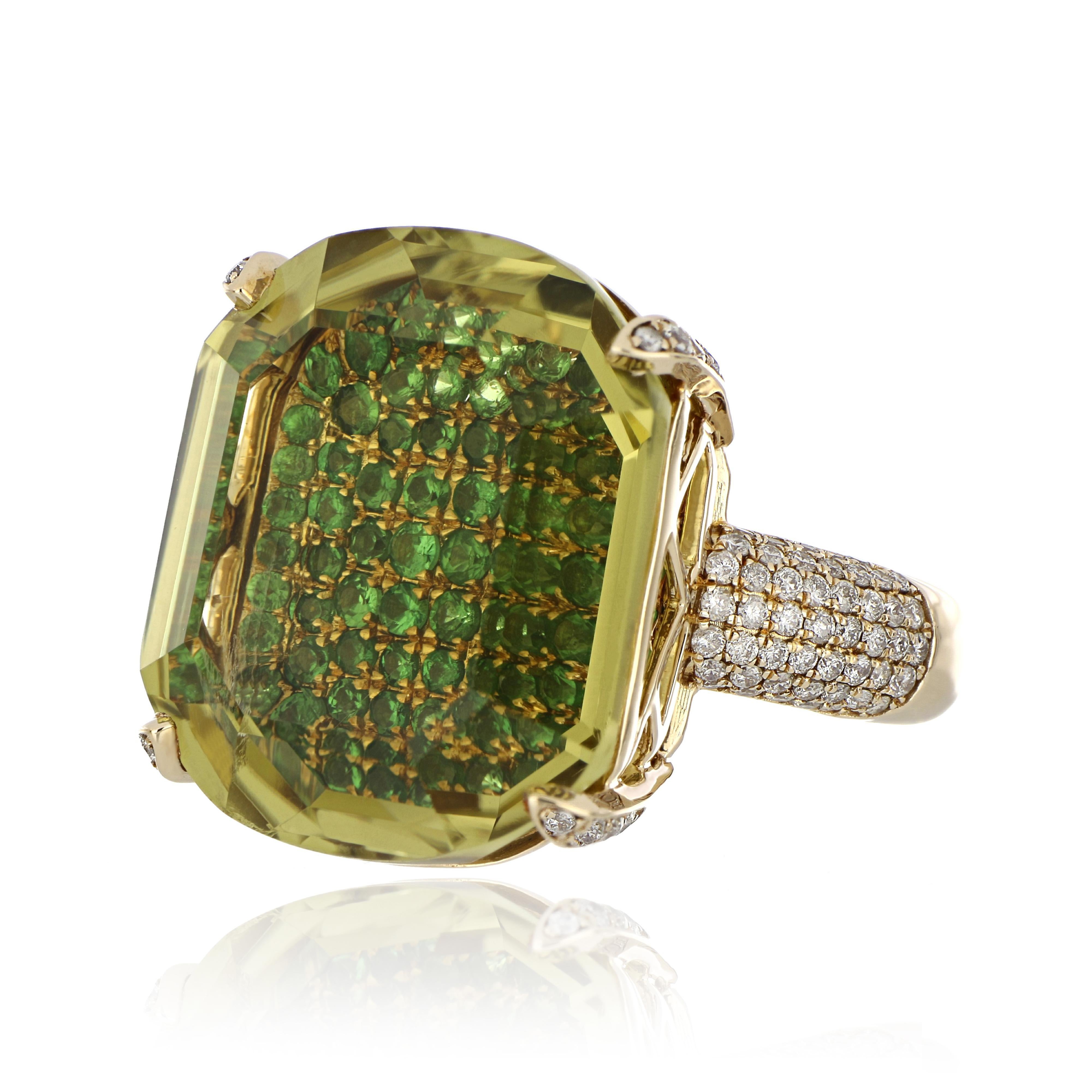 Contemporary Lemon Quartz, Tsavorite and Diamond Studded Ring in 14 Karat Yellow Gold For Sale