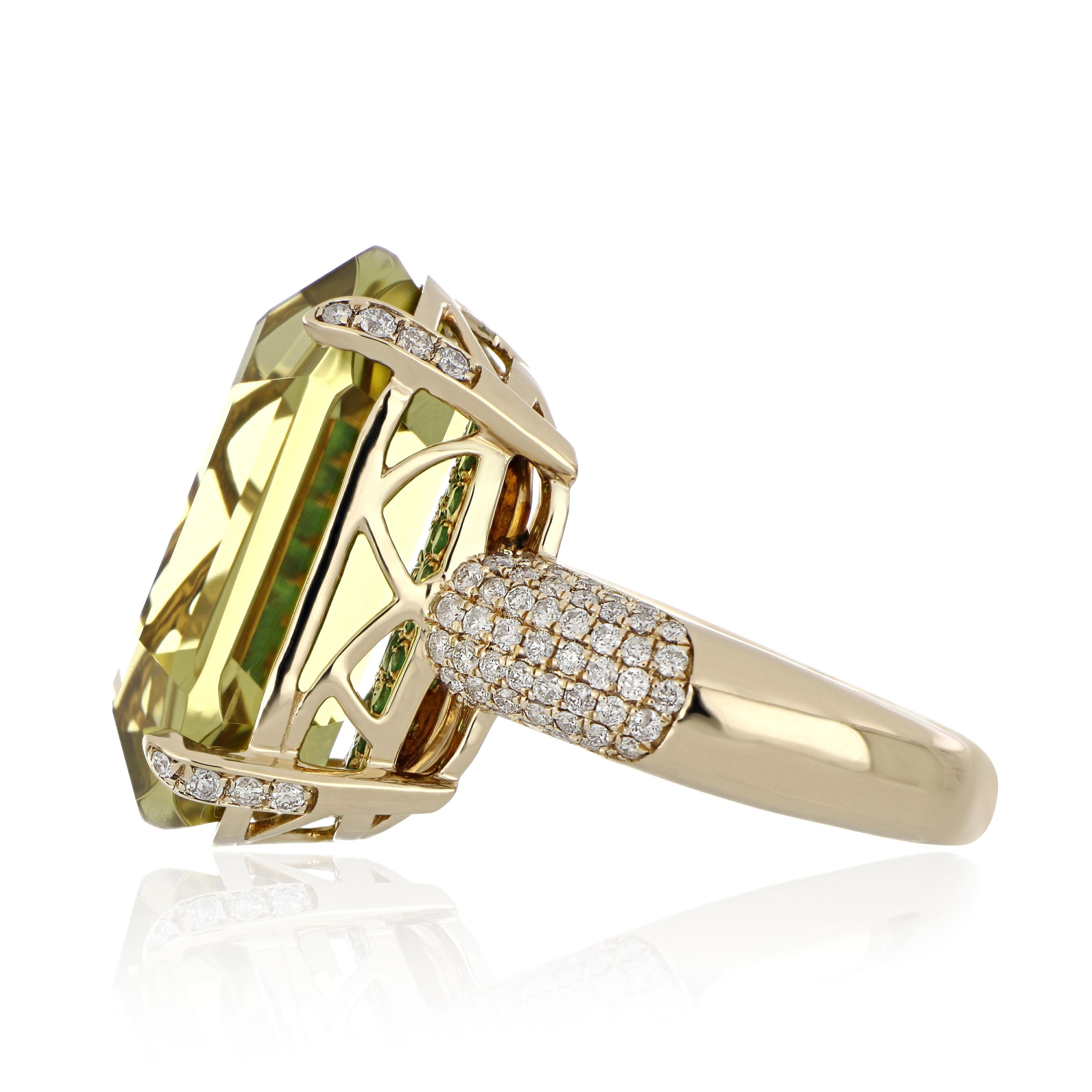 Hexagon Cut Lemon Quartz, Tsavorite and Diamond Studded Ring in 14 Karat Yellow Gold For Sale