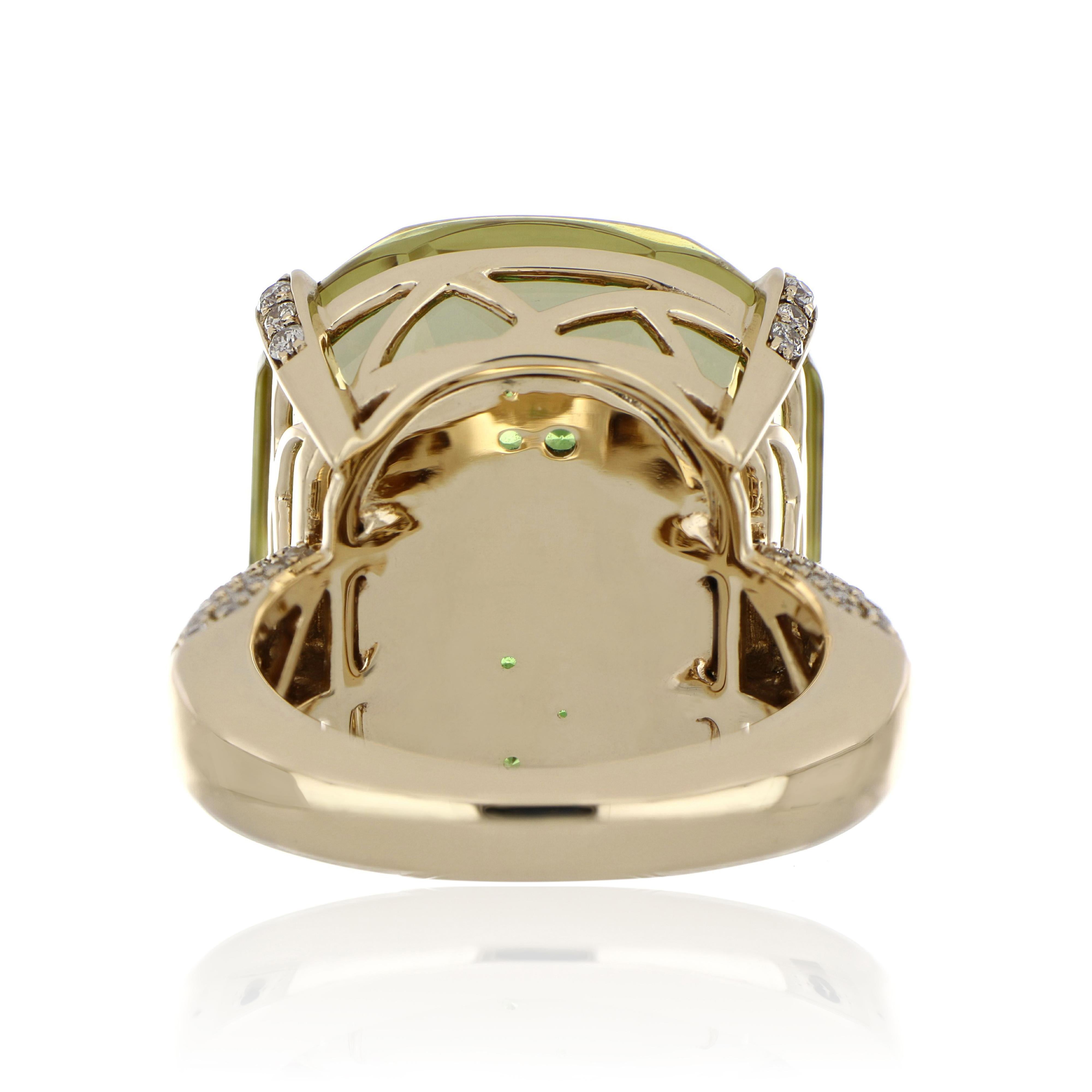 Lemon Quartz, Tsavorite and Diamond Studded Ring in 14 Karat Yellow Gold In New Condition For Sale In JAIPUR, IN