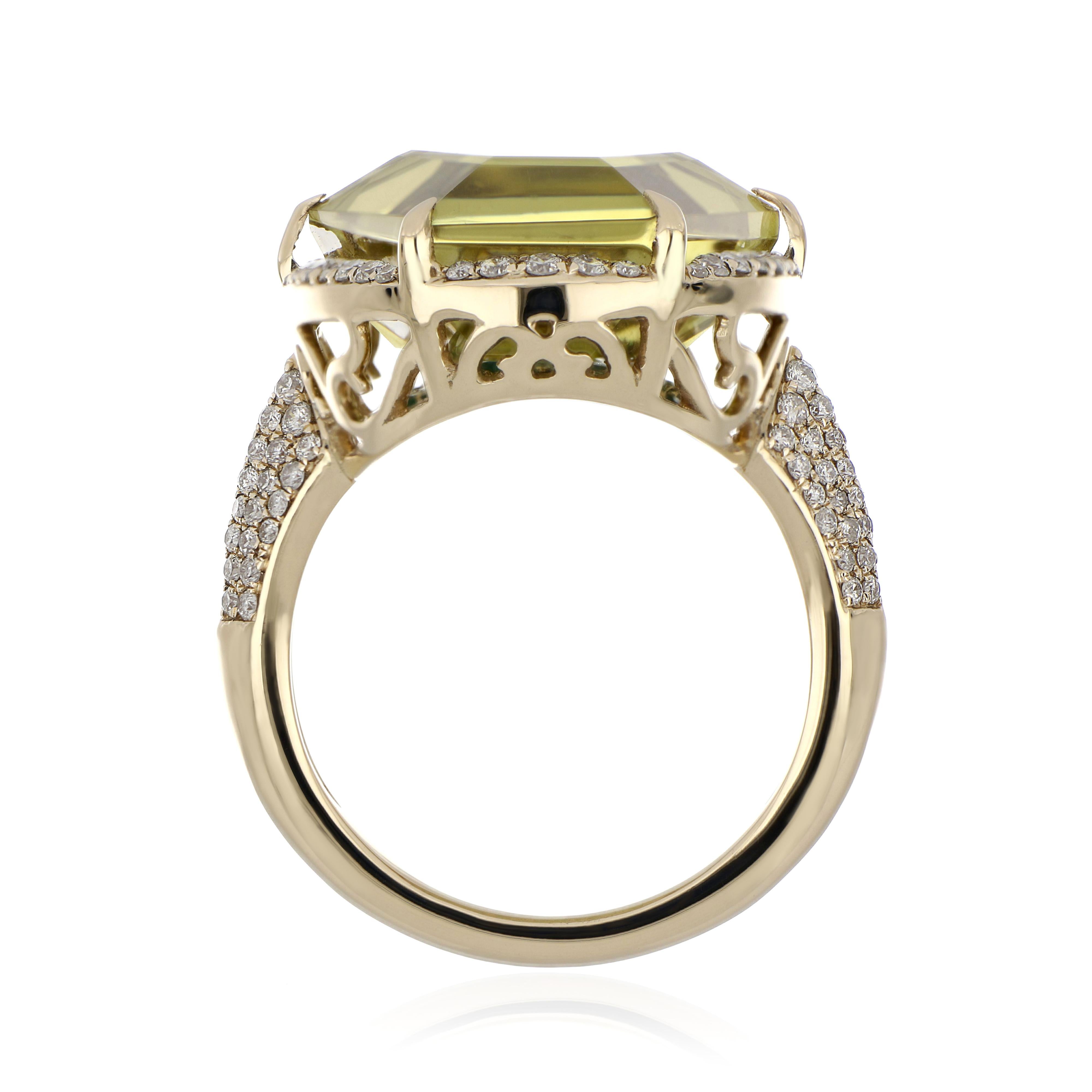 Women's Lemon Quartz, Tsavorite and Diamond Studded Ring in 14karat Yellow Gold For Sale
