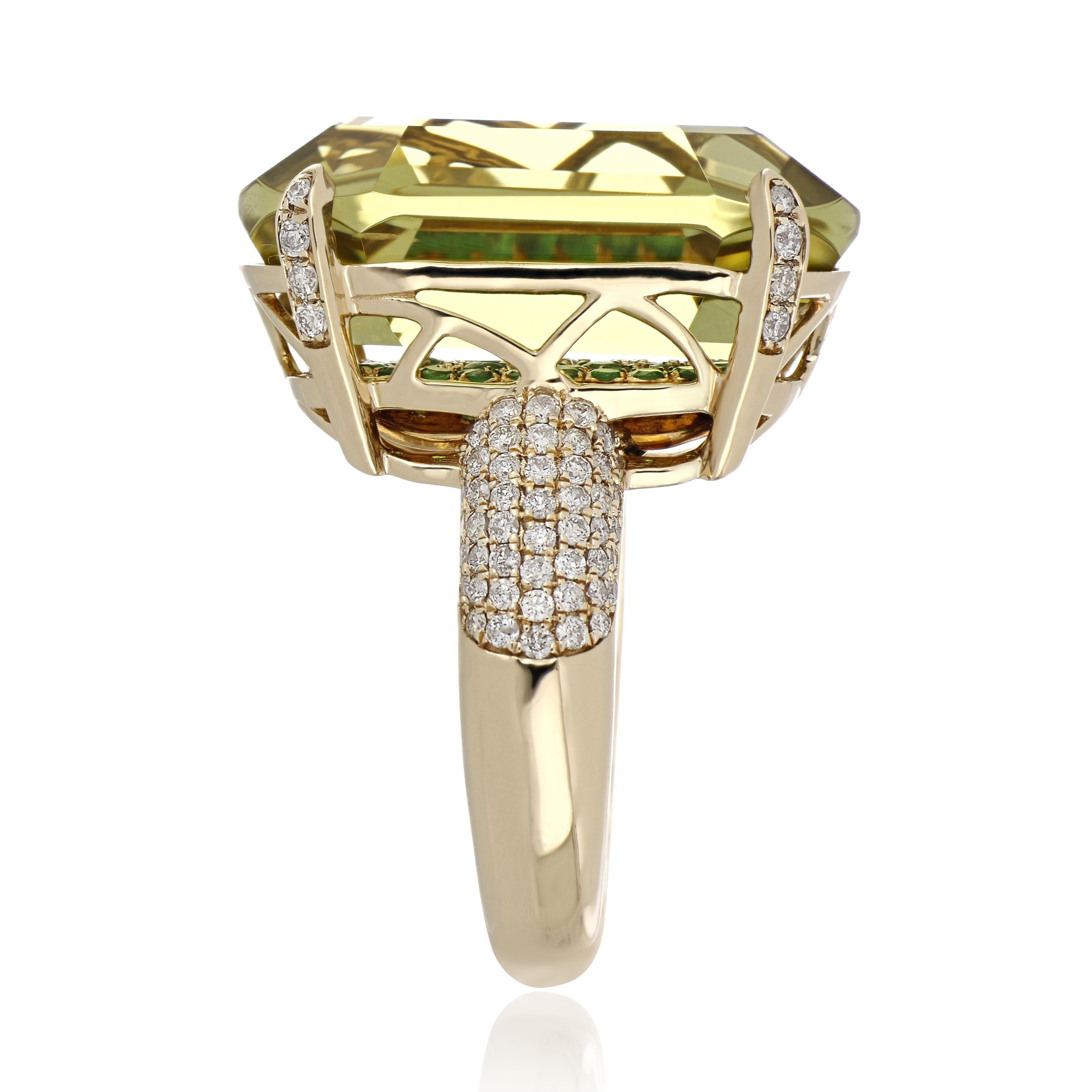 Women's Lemon Quartz, Tsavorite and Diamond Studded Ring in 14 Karat Yellow Gold For Sale