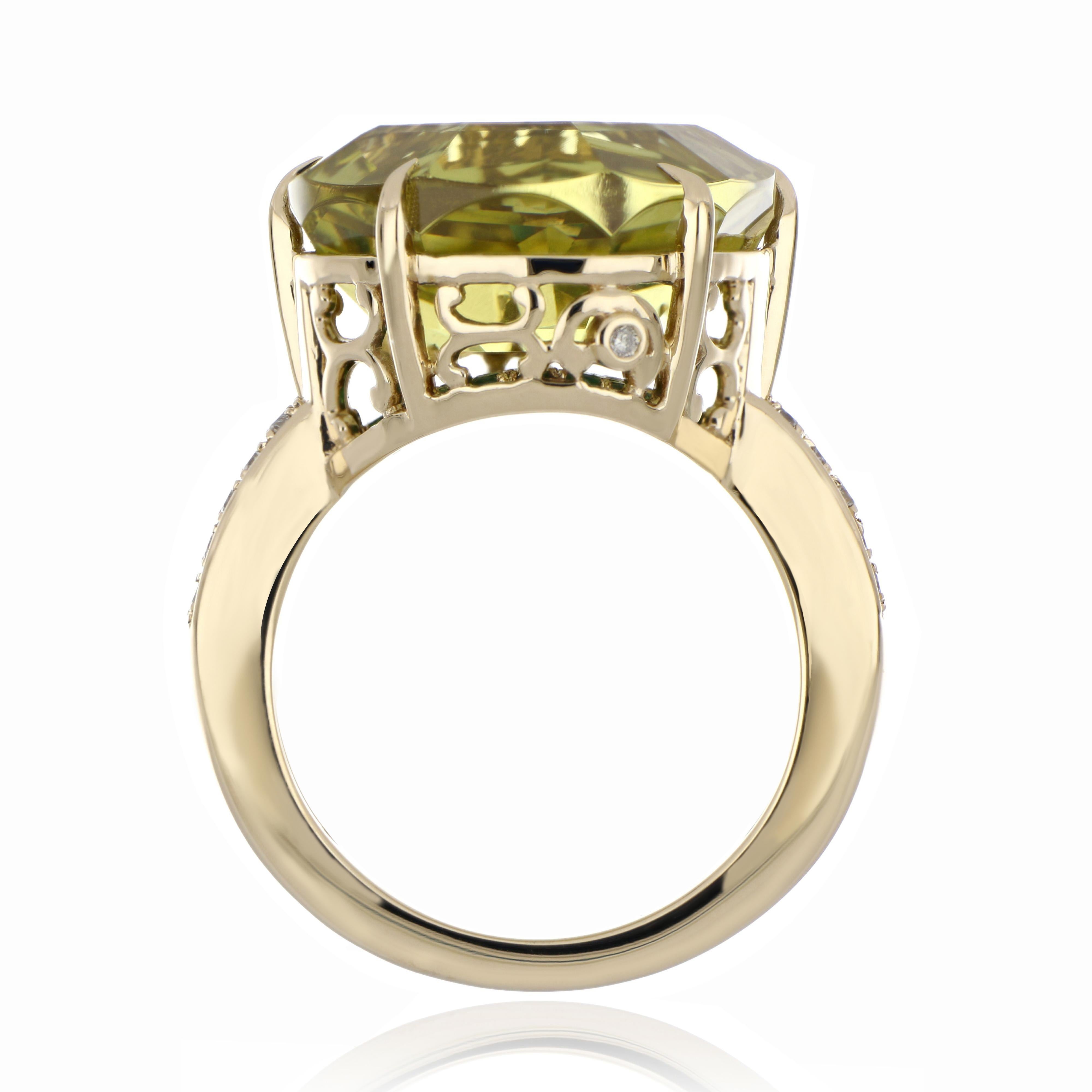 Lemon Quartz, Tsavorite and Diamond Studded Ring in 14 Karat Yellow Gold In New Condition For Sale In JAIPUR, IN