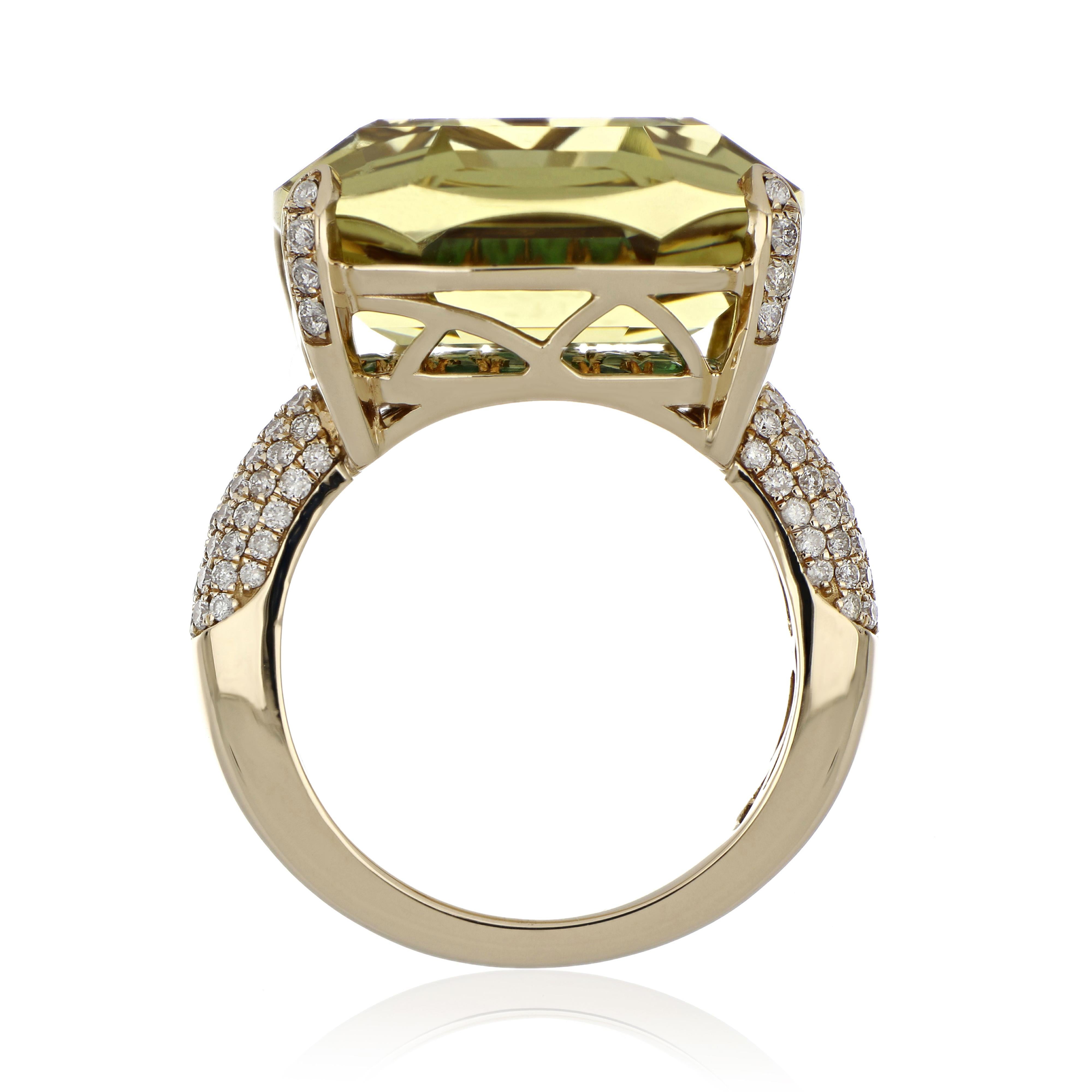 Lemon Quartz, Tsavorite and Diamond Studded Ring in 14 Karat Yellow Gold For Sale 1