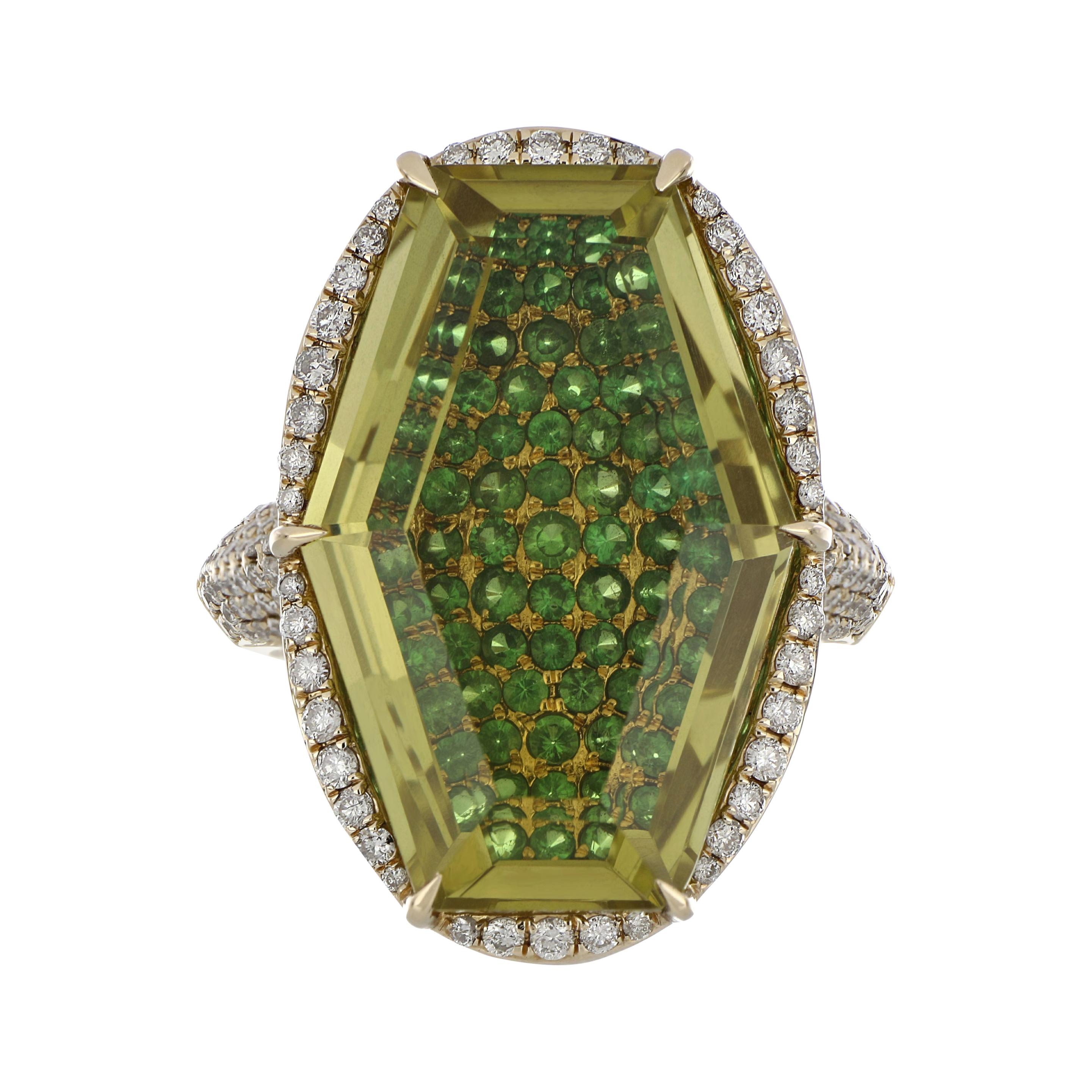 Lemon Quartz, Tsavorite and Diamond Studded Ring in 14karat Yellow Gold