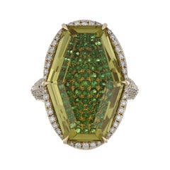 Lemon Quartz, Tsavorite and Diamond Studded Ring in 14karat Yellow Gold