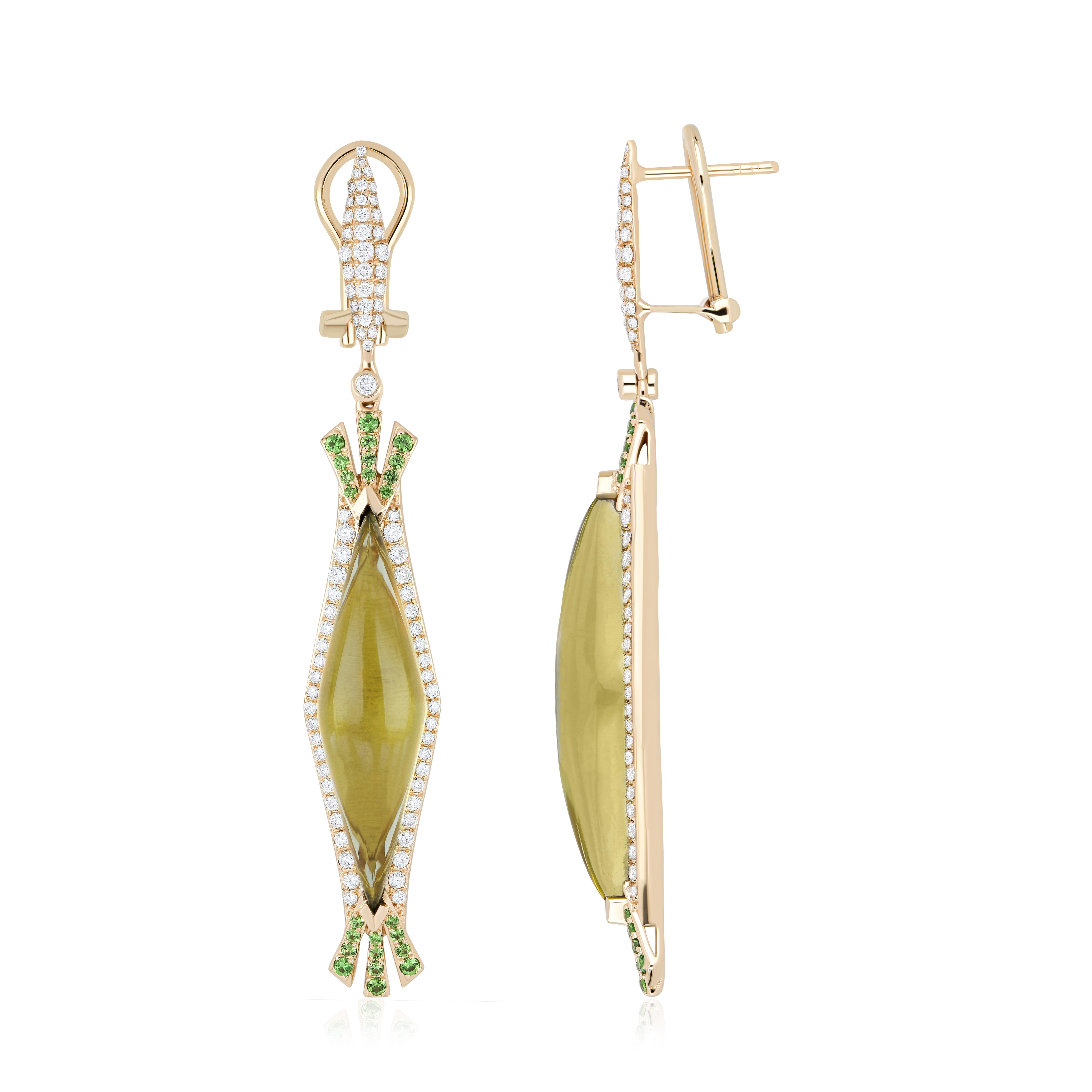 Moderno Anello con quarzo limone, tsavorite e diamanti, set di orecchini in oro giallo 14 carati in vendita