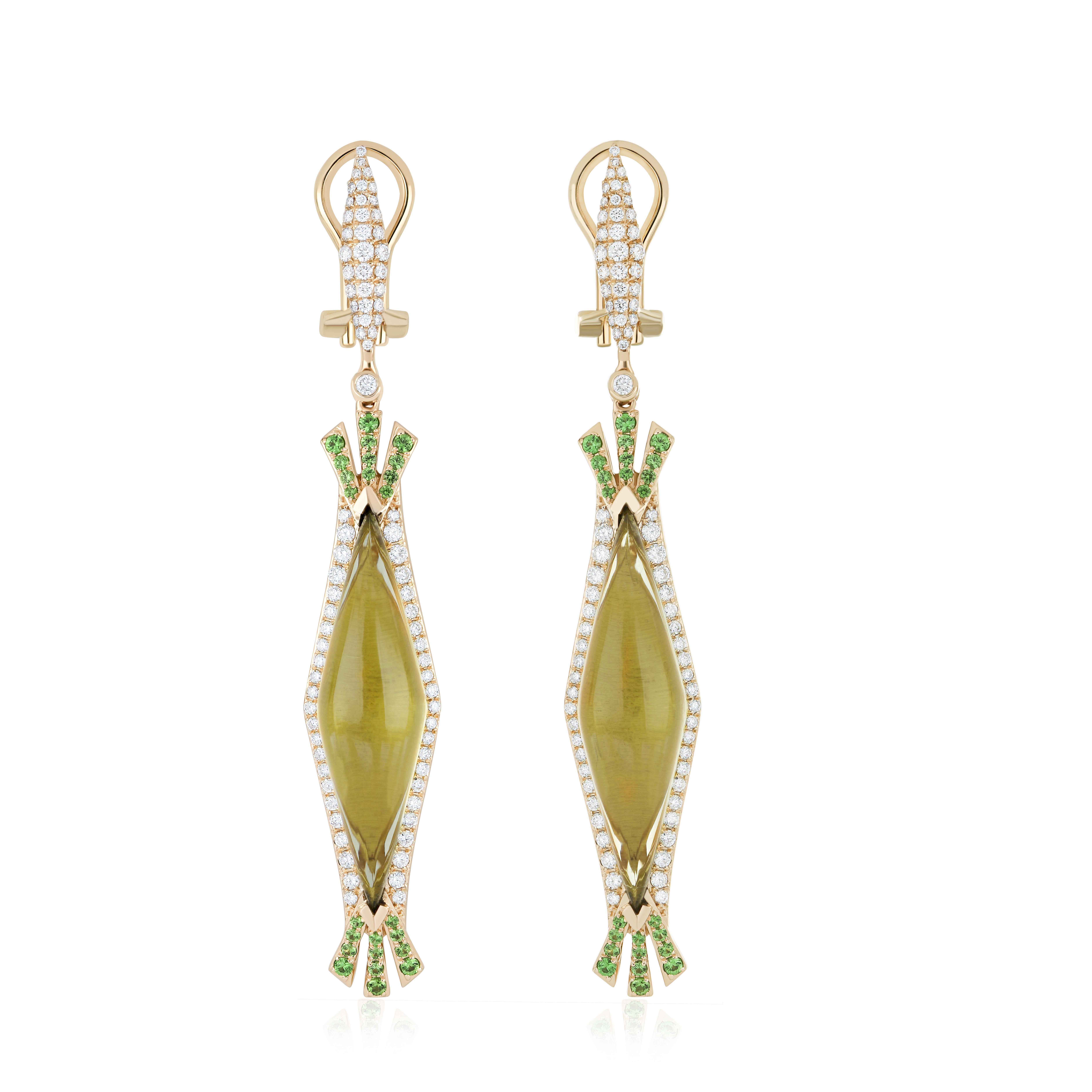 Taglio misto Anello con quarzo limone, tsavorite e diamanti, set di orecchini in oro giallo 14 carati in vendita