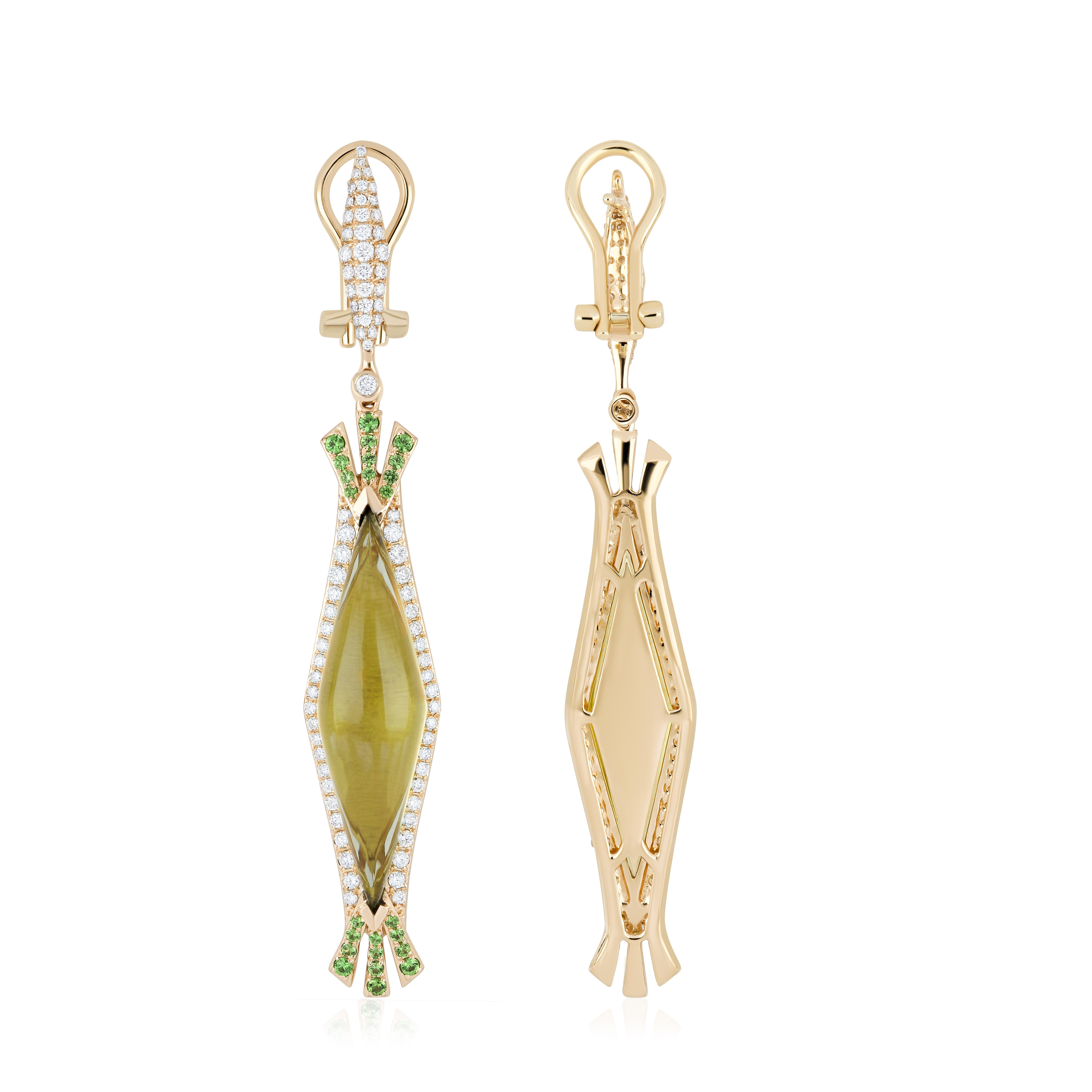Anello con quarzo limone, tsavorite e diamanti, set di orecchini in oro giallo 14 carati In condizioni Nuovo in vendita a JAIPUR, IN