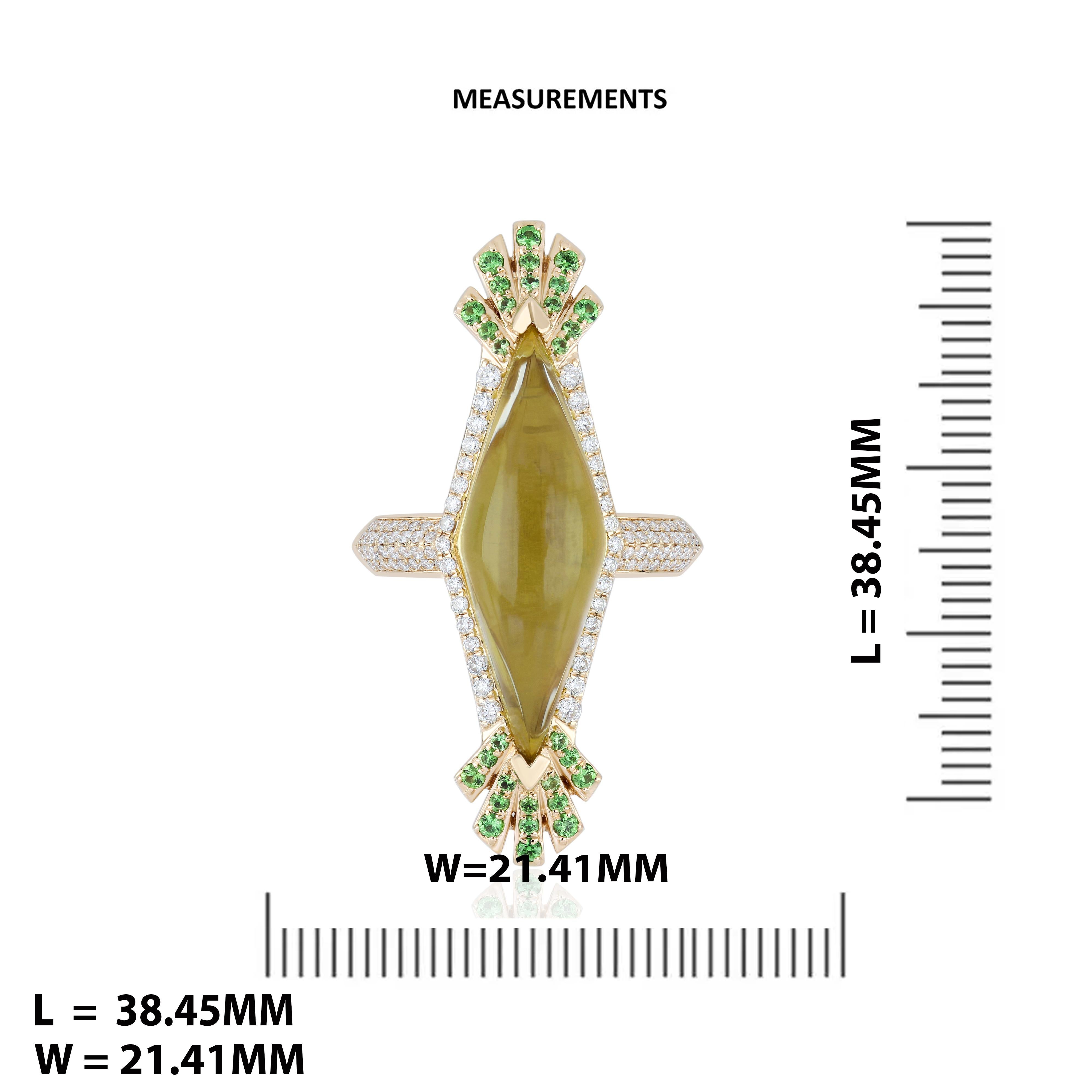 Anello con quarzo limone, tsavorite e diamanti, set di orecchini in oro giallo 14 carati in vendita 3