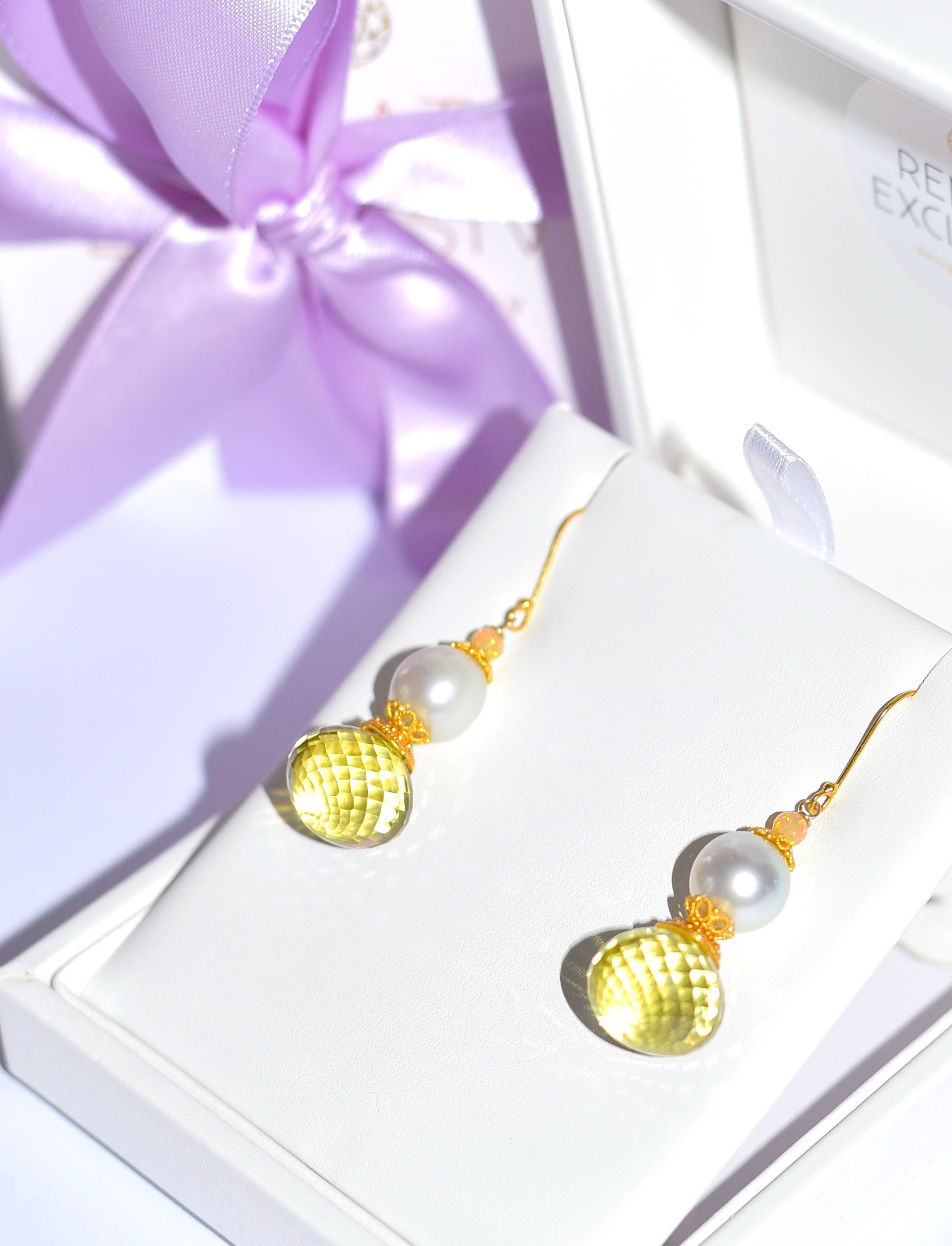 Artisan Lemon Quartz, White South Sea Pearl Earrings in 18K Solid Yellow Gold