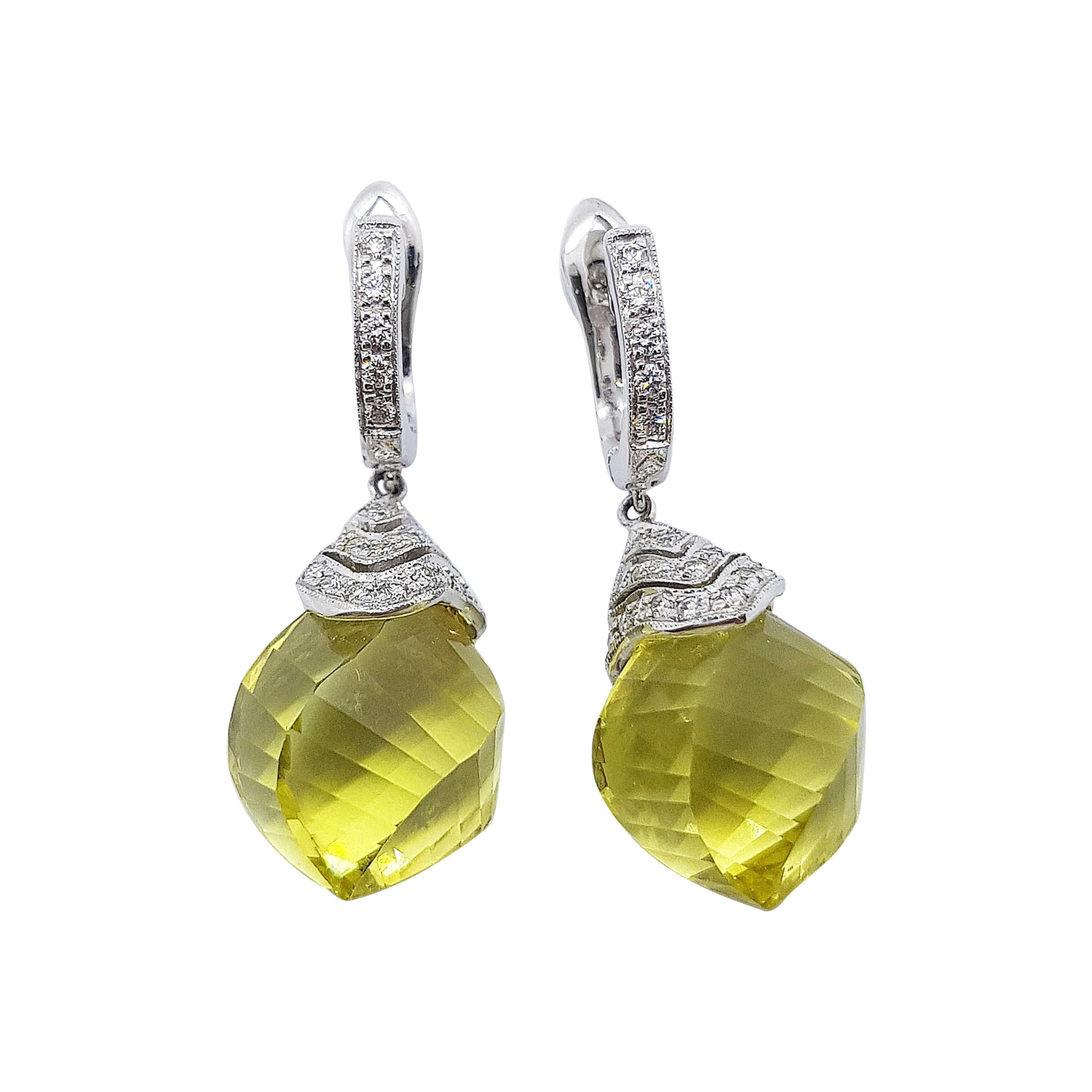 Lemon Quartz with Diamond Earrings Set in 18 Karat White Gold Settings For Sale