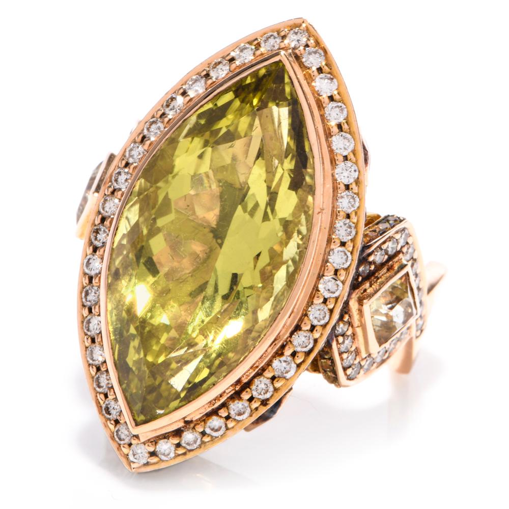 Lemon Topaz Diamond Rose Gold Cocktail Ring In Excellent Condition In Miami, FL