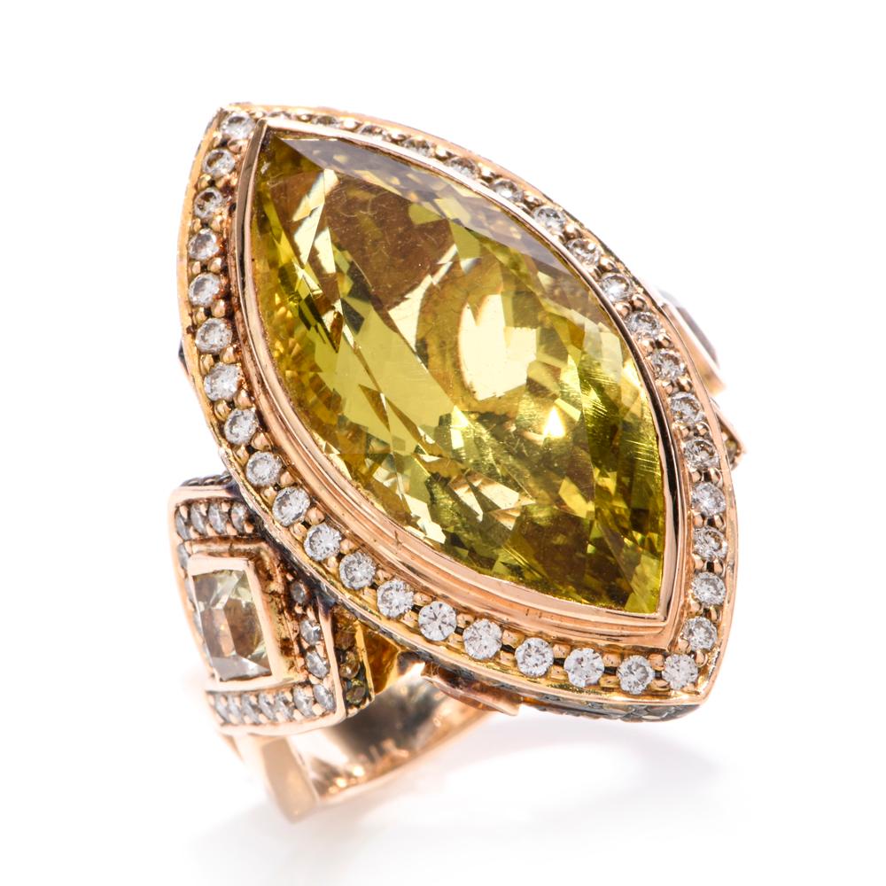 Women's or Men's Lemon Topaz Diamond Rose Gold Cocktail Ring