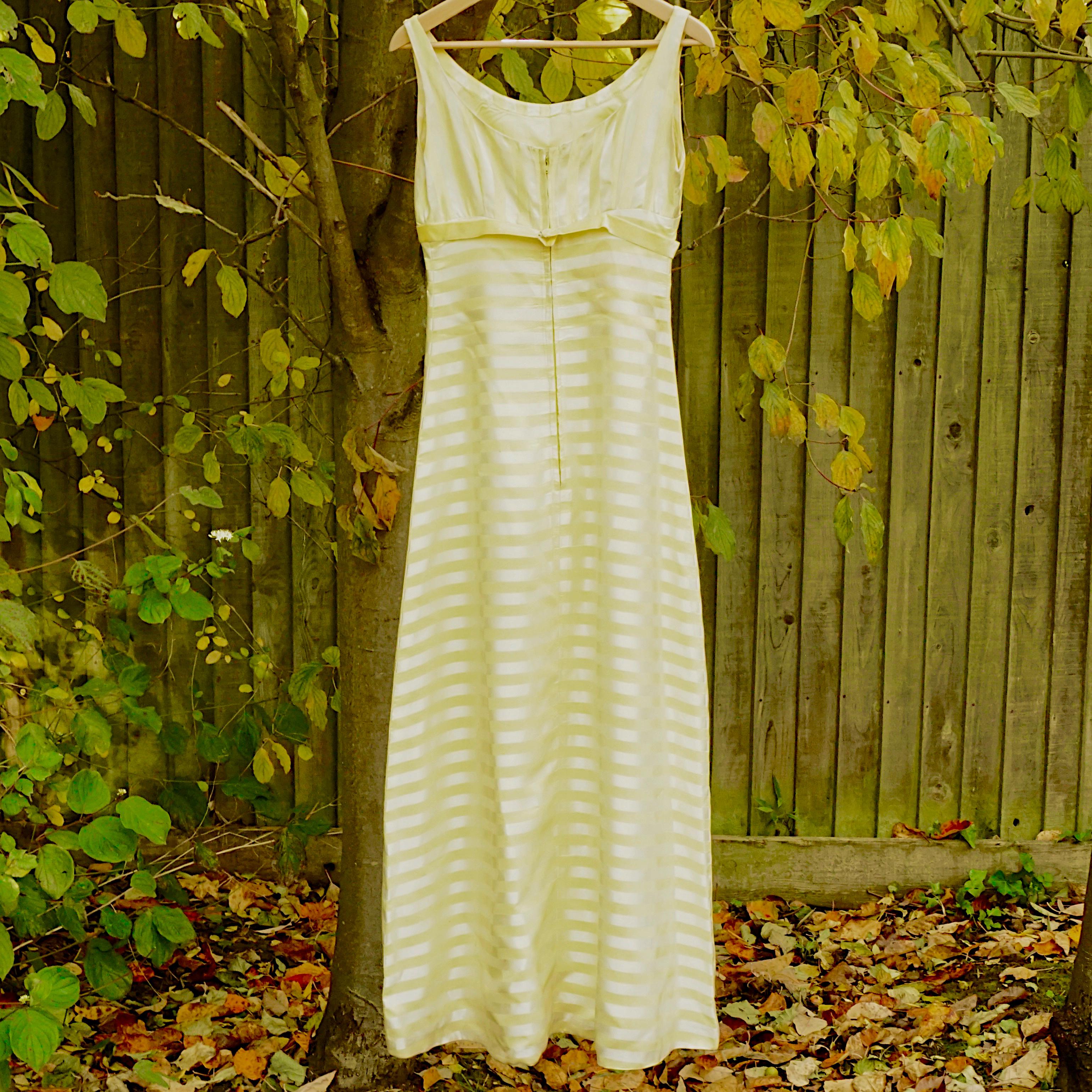 Lemon Yellow Hand Made Striped Satin Maxi Dress with a Velvet Bow circa 1960s In Fair Condition For Sale In London, GB