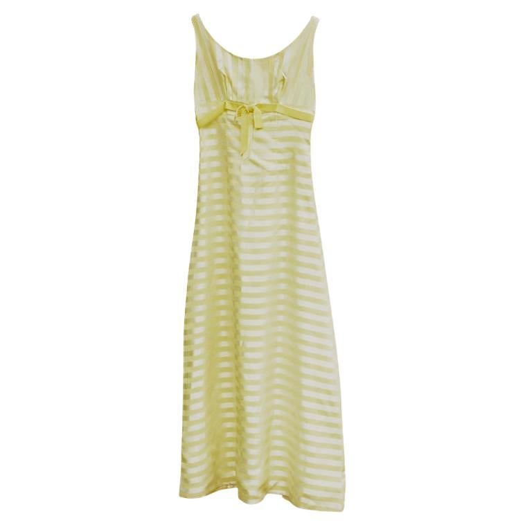 Lemon Yellow Hand Made Striped Satin Maxi Dress with a Velvet Bow circa 1960s For Sale
