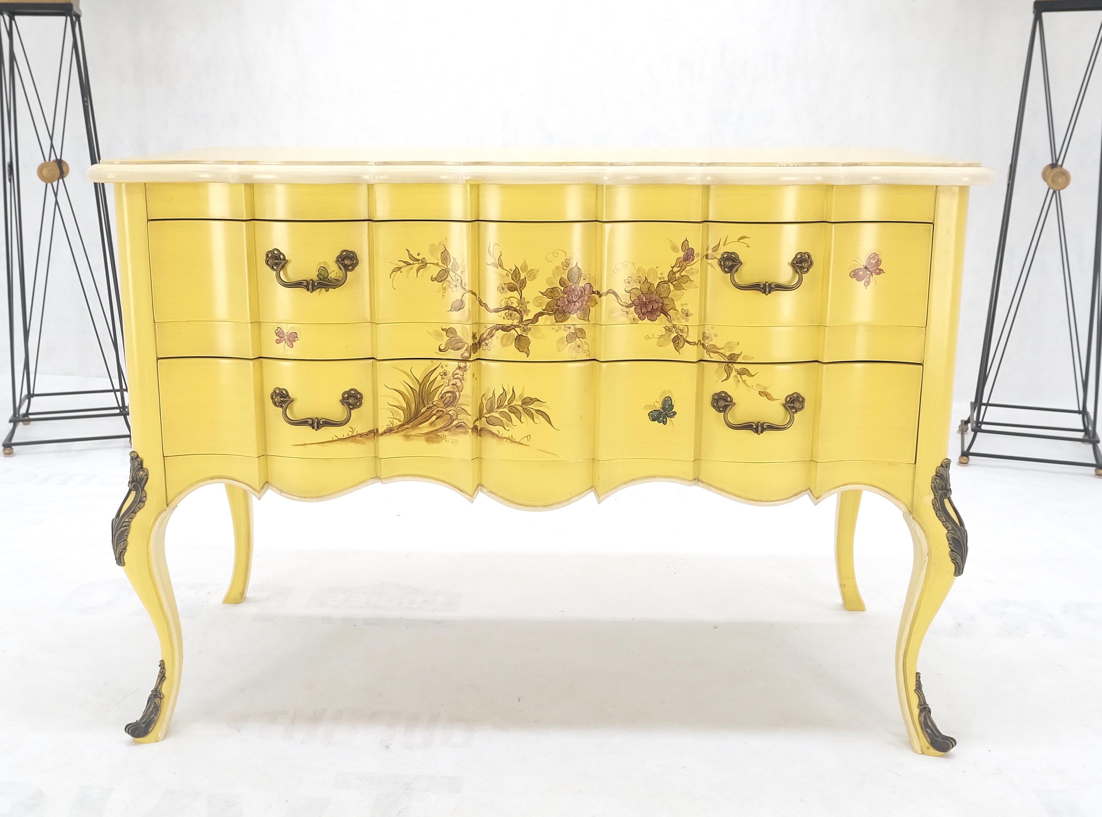 Carved Lemon Yellow White Lacquer Bronze Mounts cabriole Style Leg Two Drawers Console  For Sale