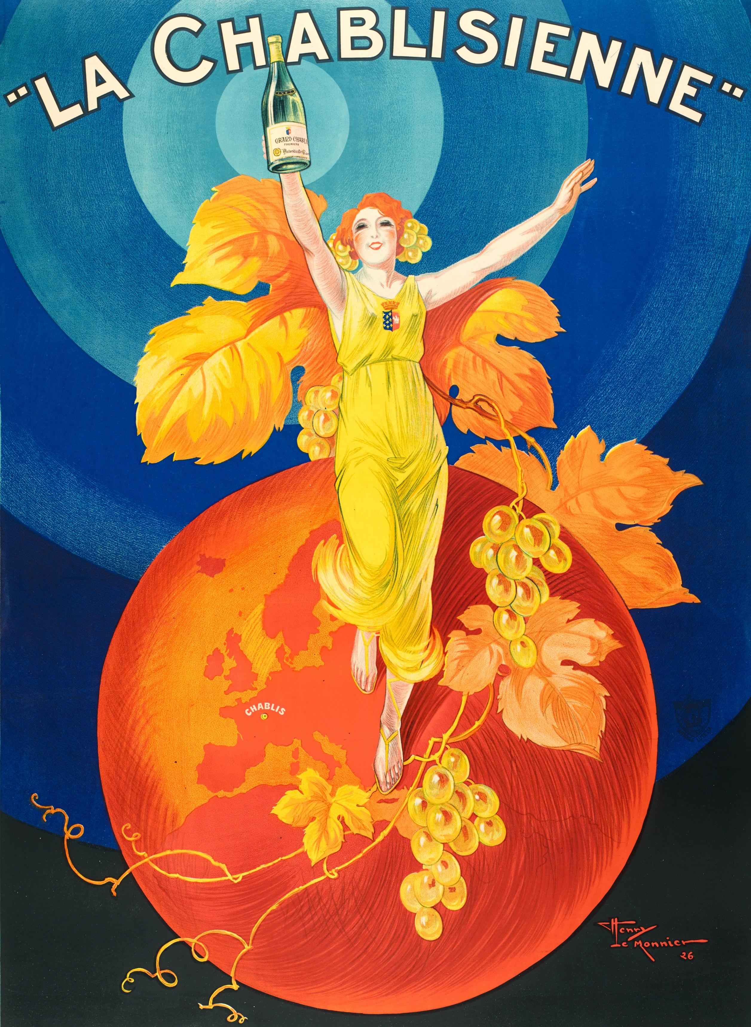 Original Vintage Poster for La chablisienne created by Henri Lemonnier in 1936.

Artist: Henri Lemonnier
Title: La Chablisienne -  Ses Chablis authentiques
Date: 1926
Size: 40.9 x 63 in / 104 x 160 cm
Printer : Affiches LUTETIA, 55 Rue Rochechouart,