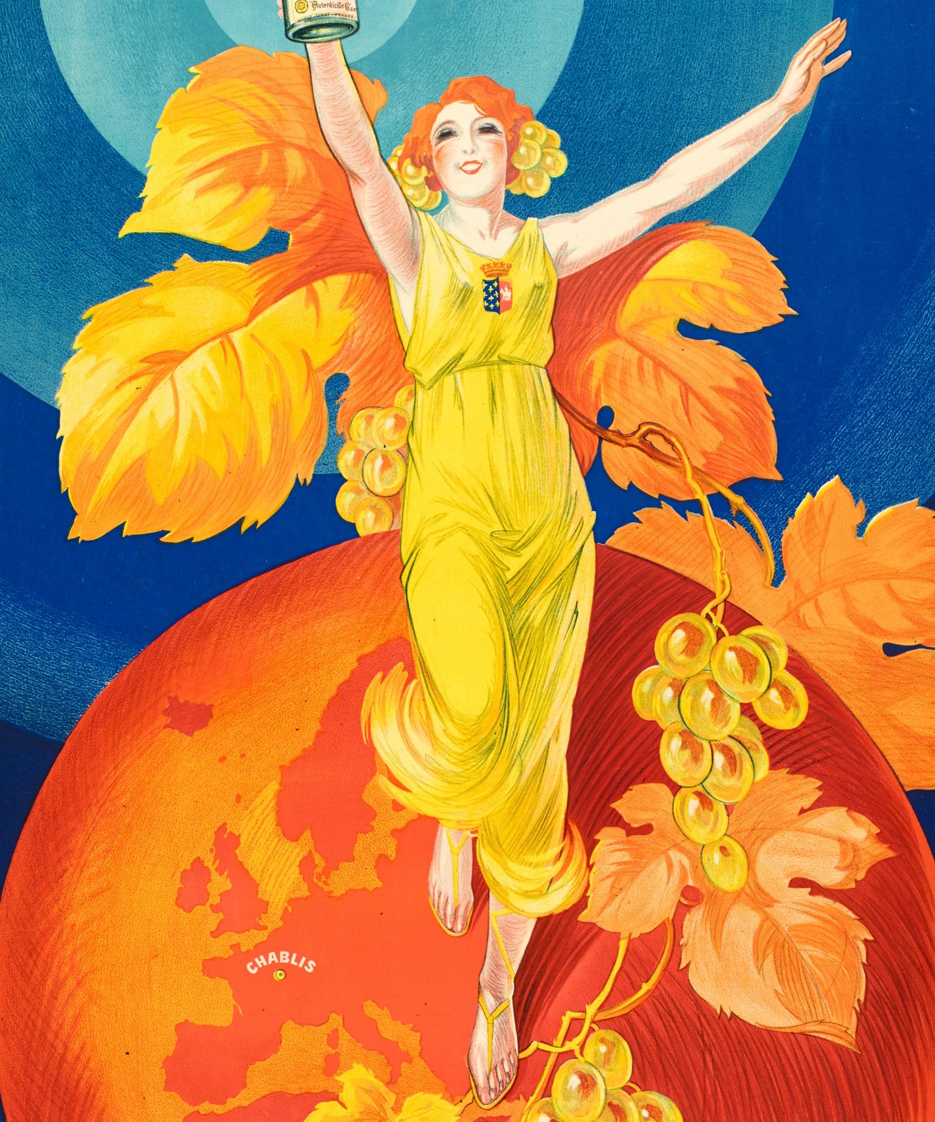 Art Deco Lemonnier, Vintage Alcohol Poster, Chablisienne, Burgundy Wine, Vineyard, 1926 For Sale