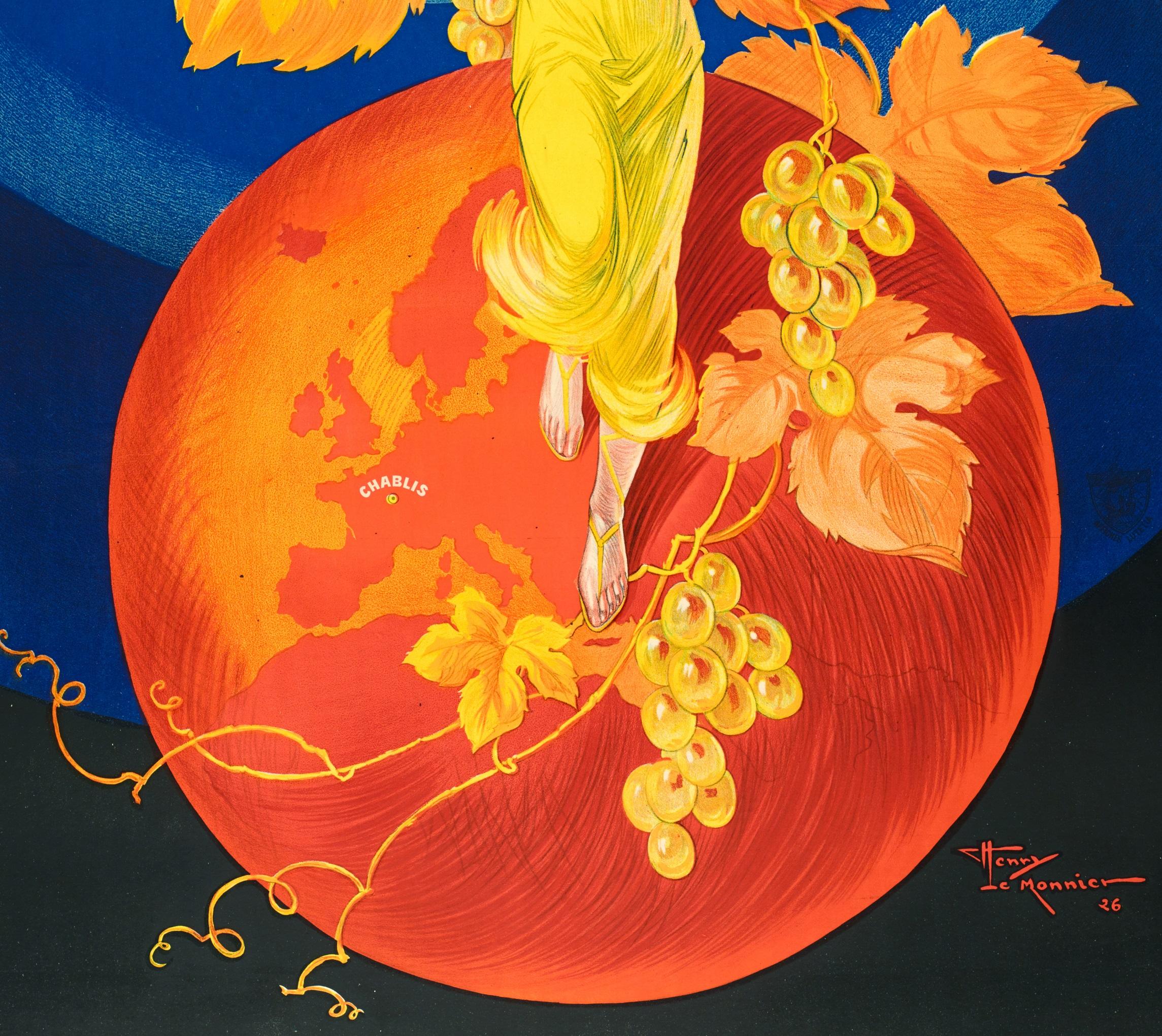 Français Lemonnier, Vintage Alcohol Poster, Chablisienne, Bourgogne Wine, Vineyard, 1926 en vente