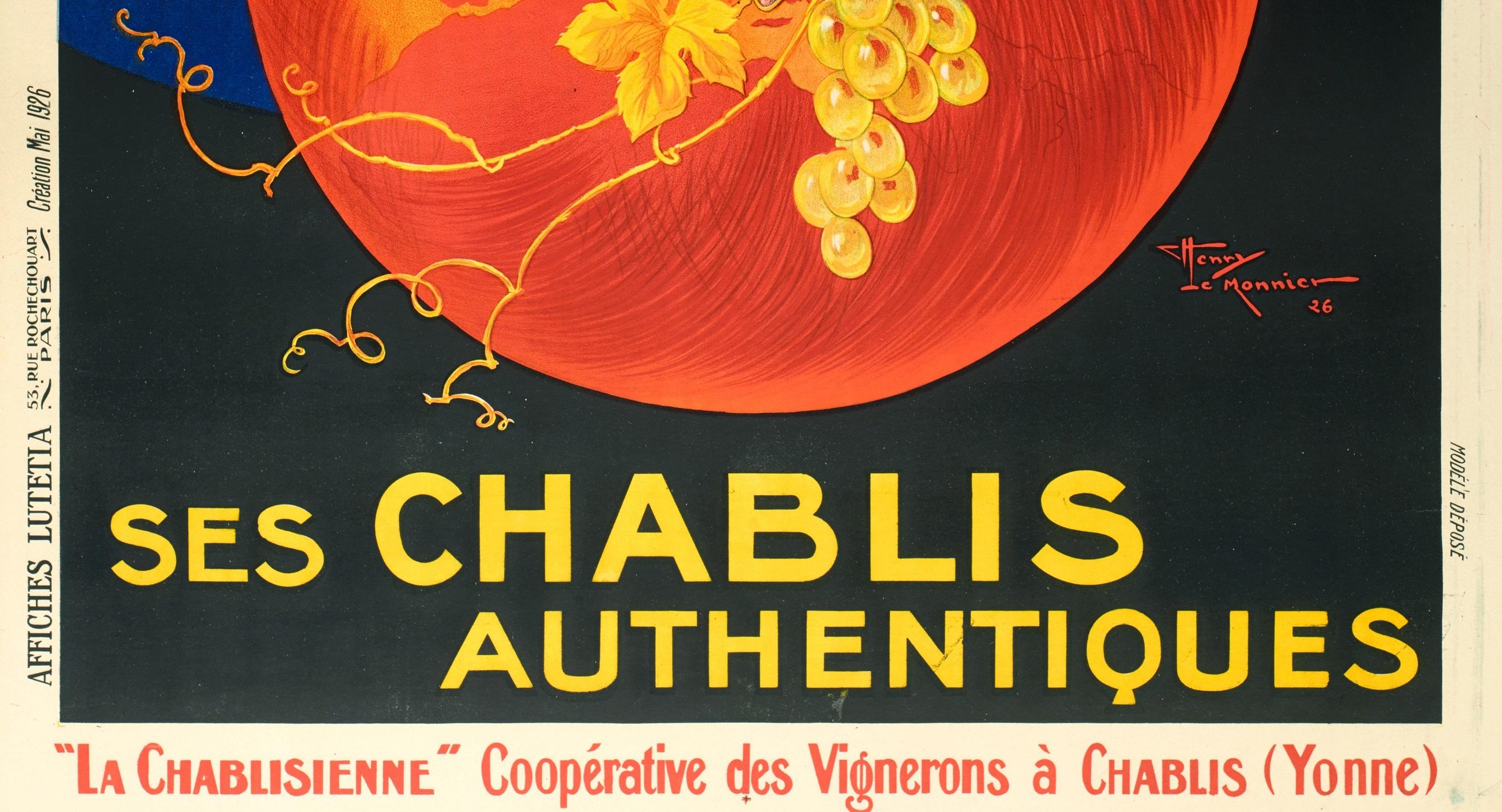 20ième siècle Lemonnier, Vintage Alcohol Poster, Chablisienne, Bourgogne Wine, Vineyard, 1926 en vente