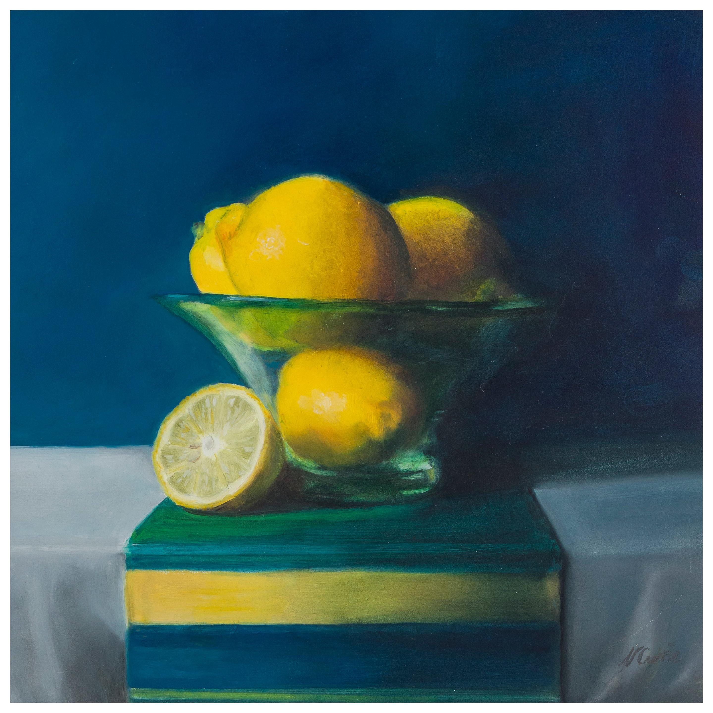 Lemons in a Frosted Glass Bowl, Still Life Oil Painting