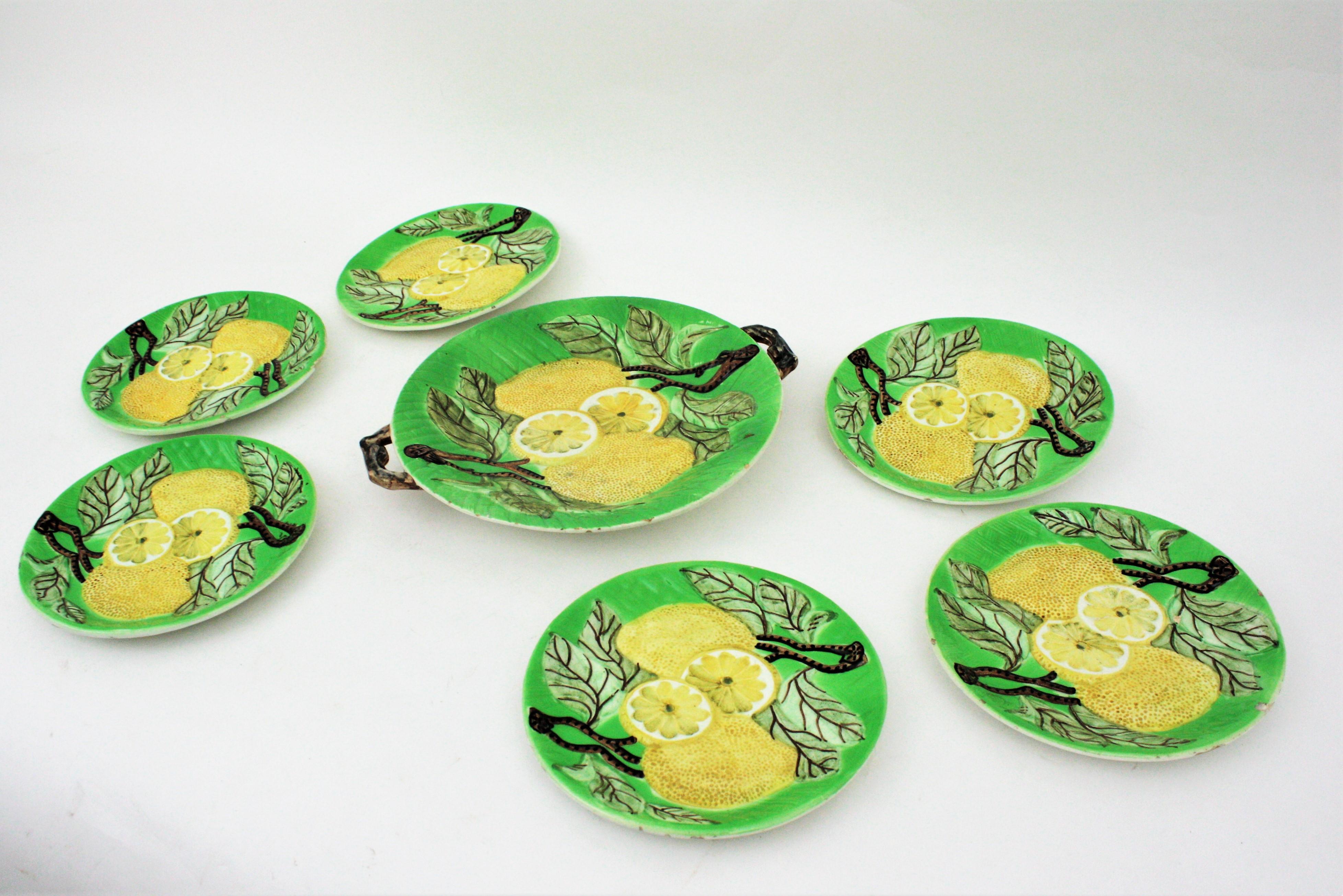 Lemons Majolica Ceramic Dinnerware Dessert Serving Set for Six  en vente 4