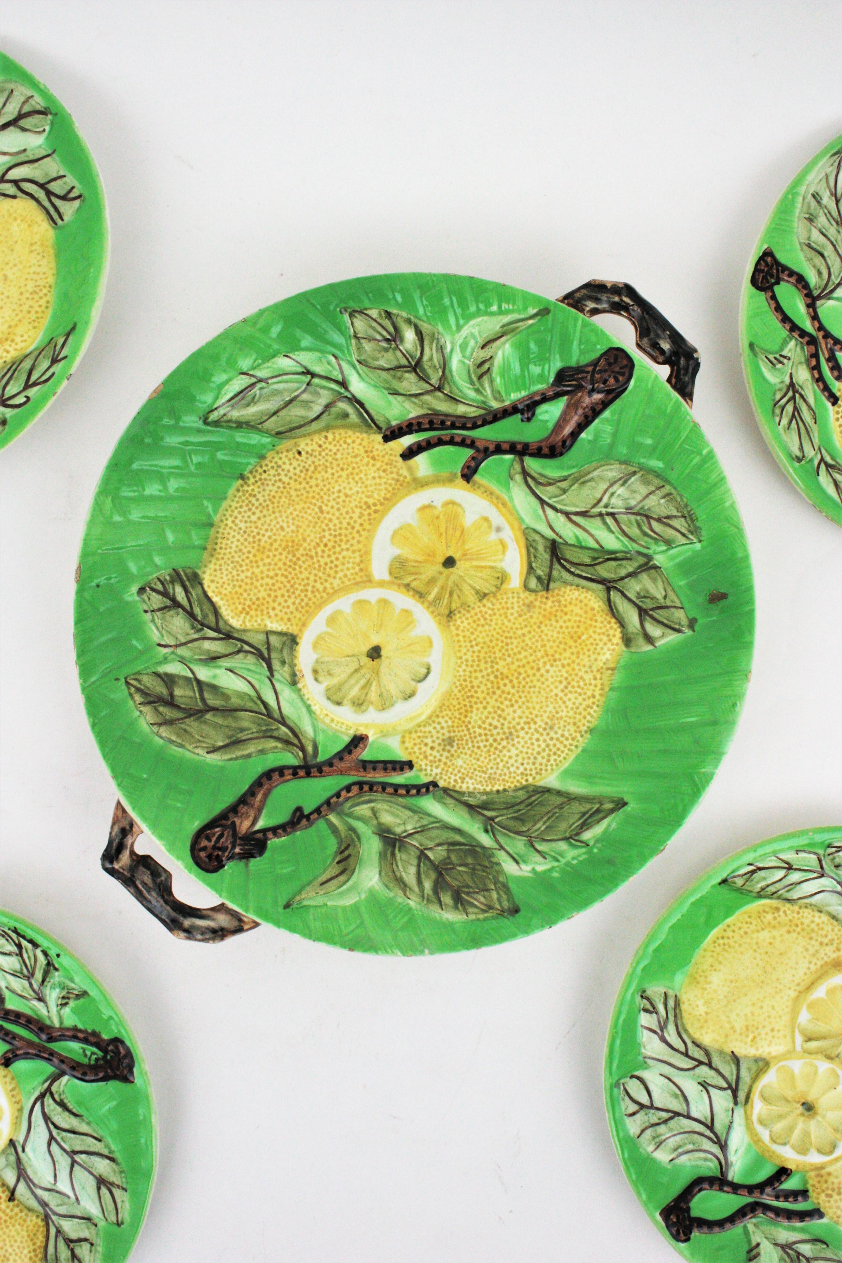 French Lemons Majolica Ceramic Dinnerware Dessert Serving Set for Six  For Sale