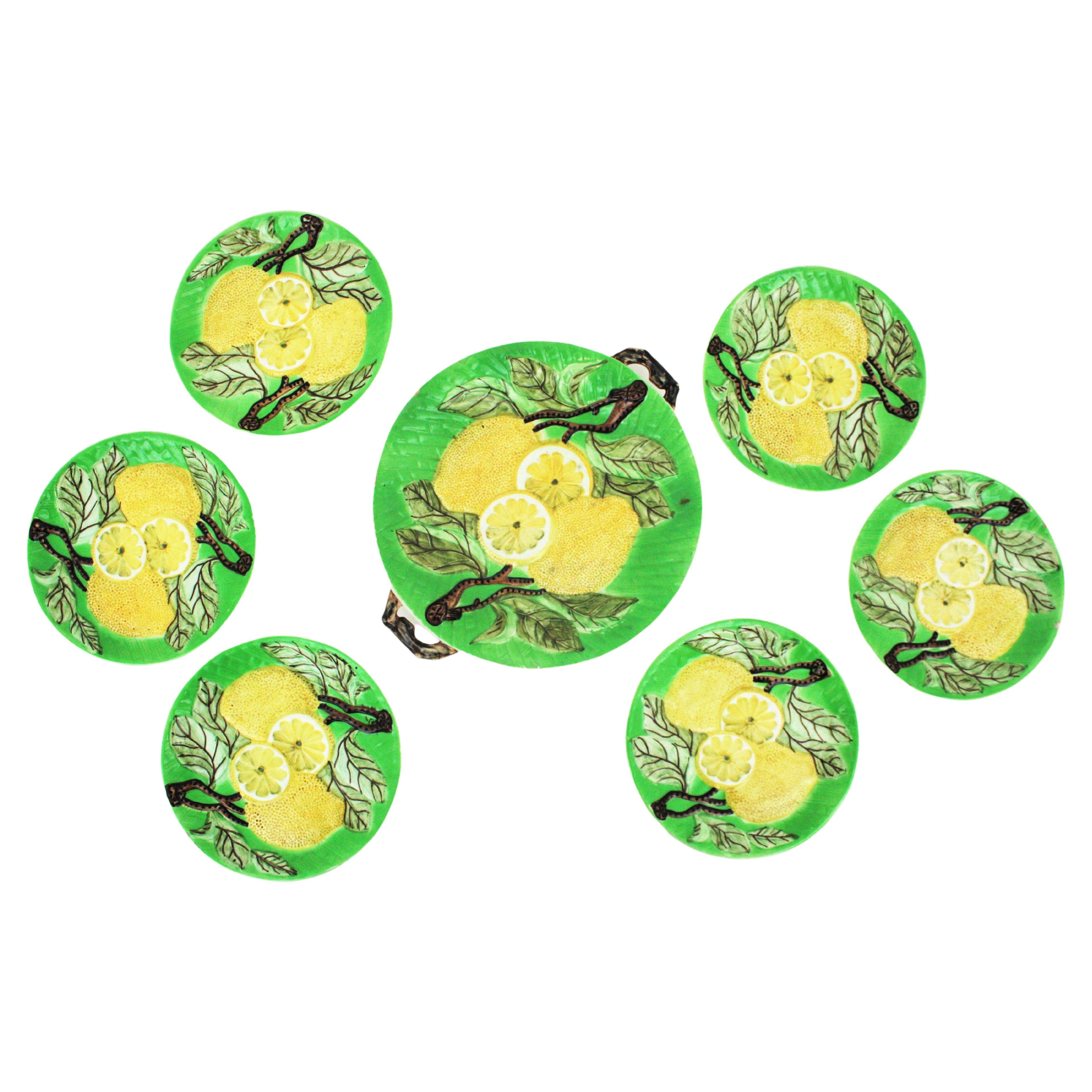 Lemons Majolica Ceramic Dinnerware Dessert Serving Set for Six  en vente