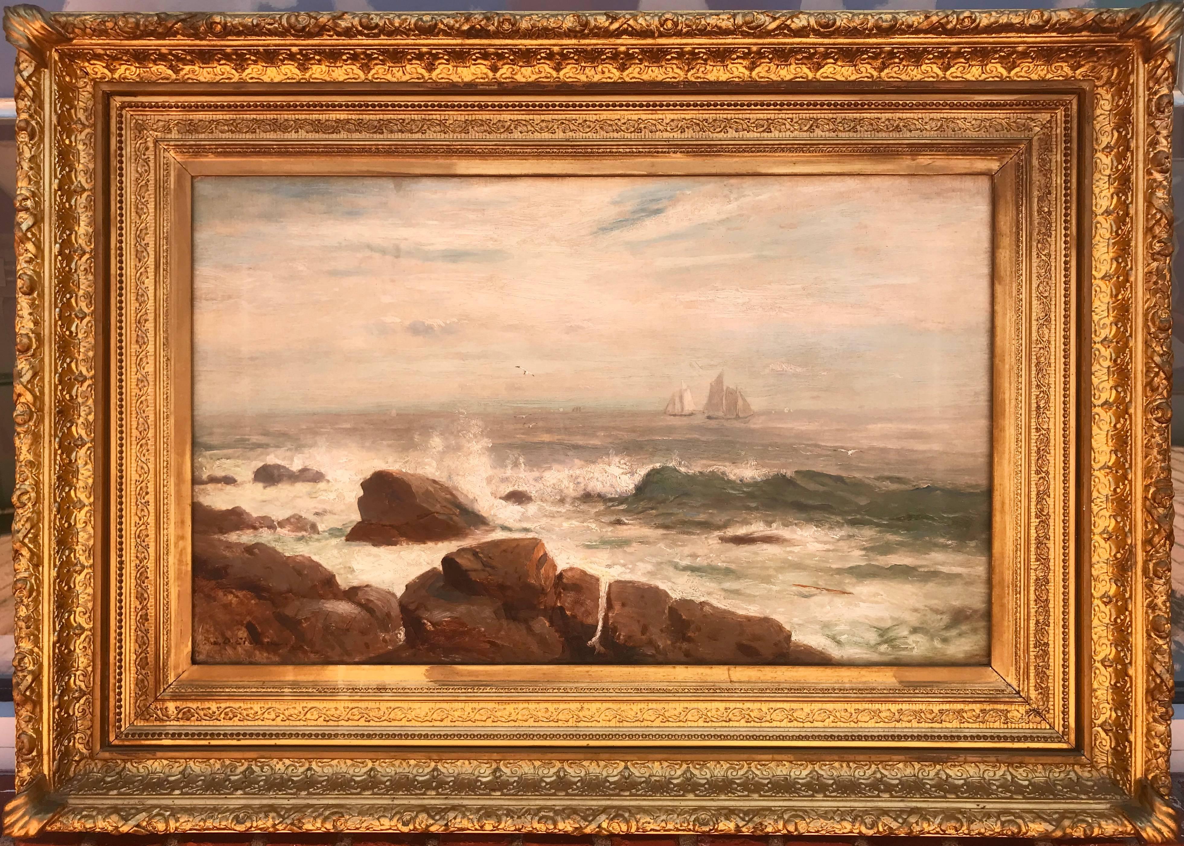 “Sailboats off the Coast” - Hudson River School Painting by Lemuel D. Eldred