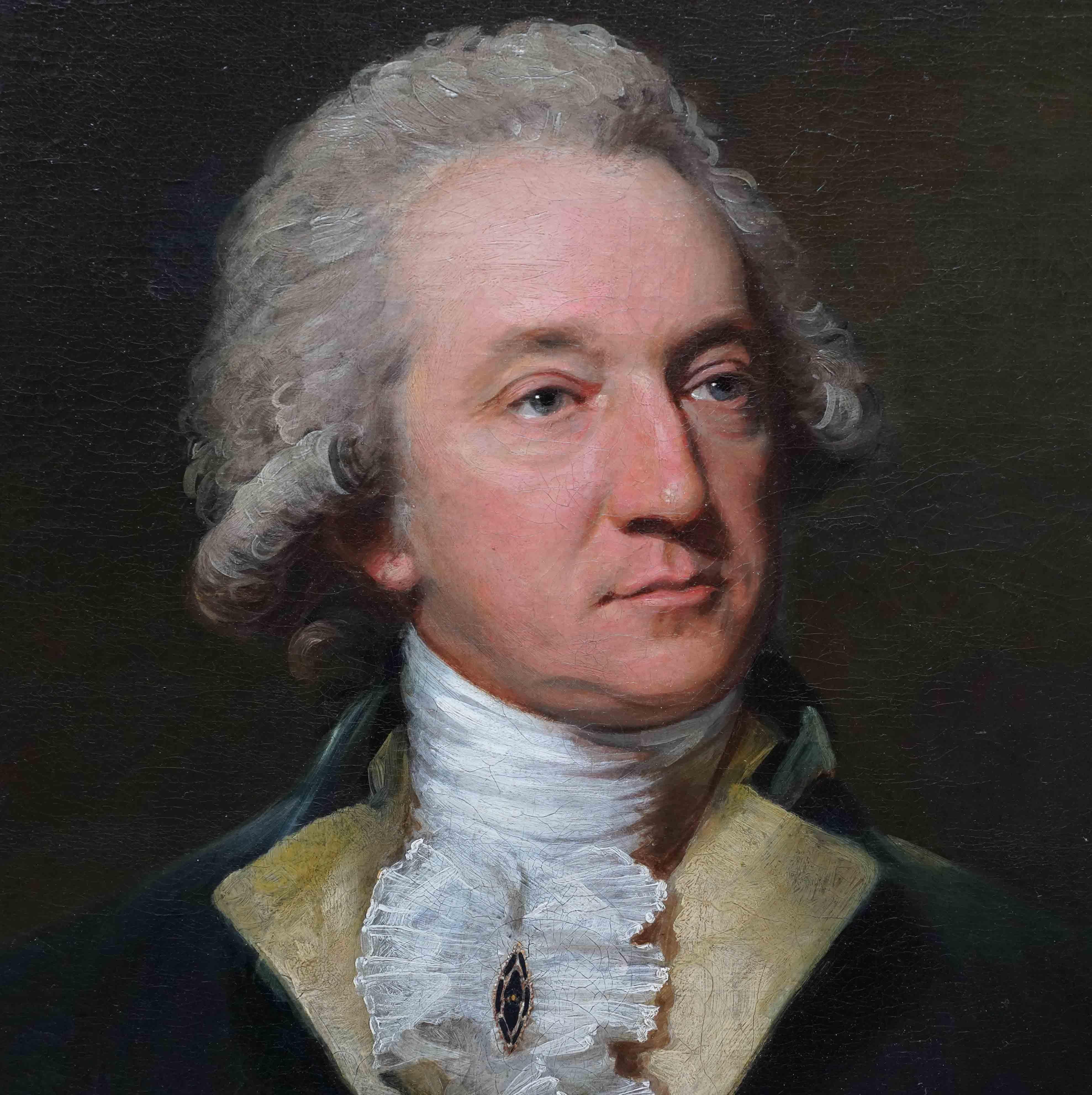 Dieses prächtige britische Altmeisterporträt stammt von dem bekannten Künstler Lemuel Francis Abbott. Die um 1790 entstandene Komposition ist ein stehendes Porträt eines Herrn in halber Länge, der nach links blickt. Seine Gesichtszüge und die Spitze