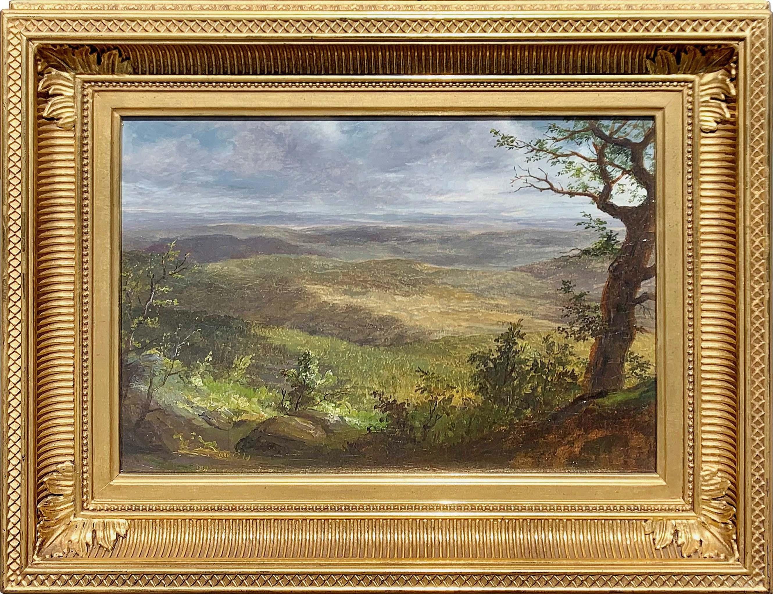 Shawangunk Mountains [View from top of Granit Road Looking Southeast] by Hudson River School artist Lemuel Maynard Wiles (1826-1905) is oil on canvas mounted to board and measures 10 x 15 inches. The painting is signed and inscribed with the