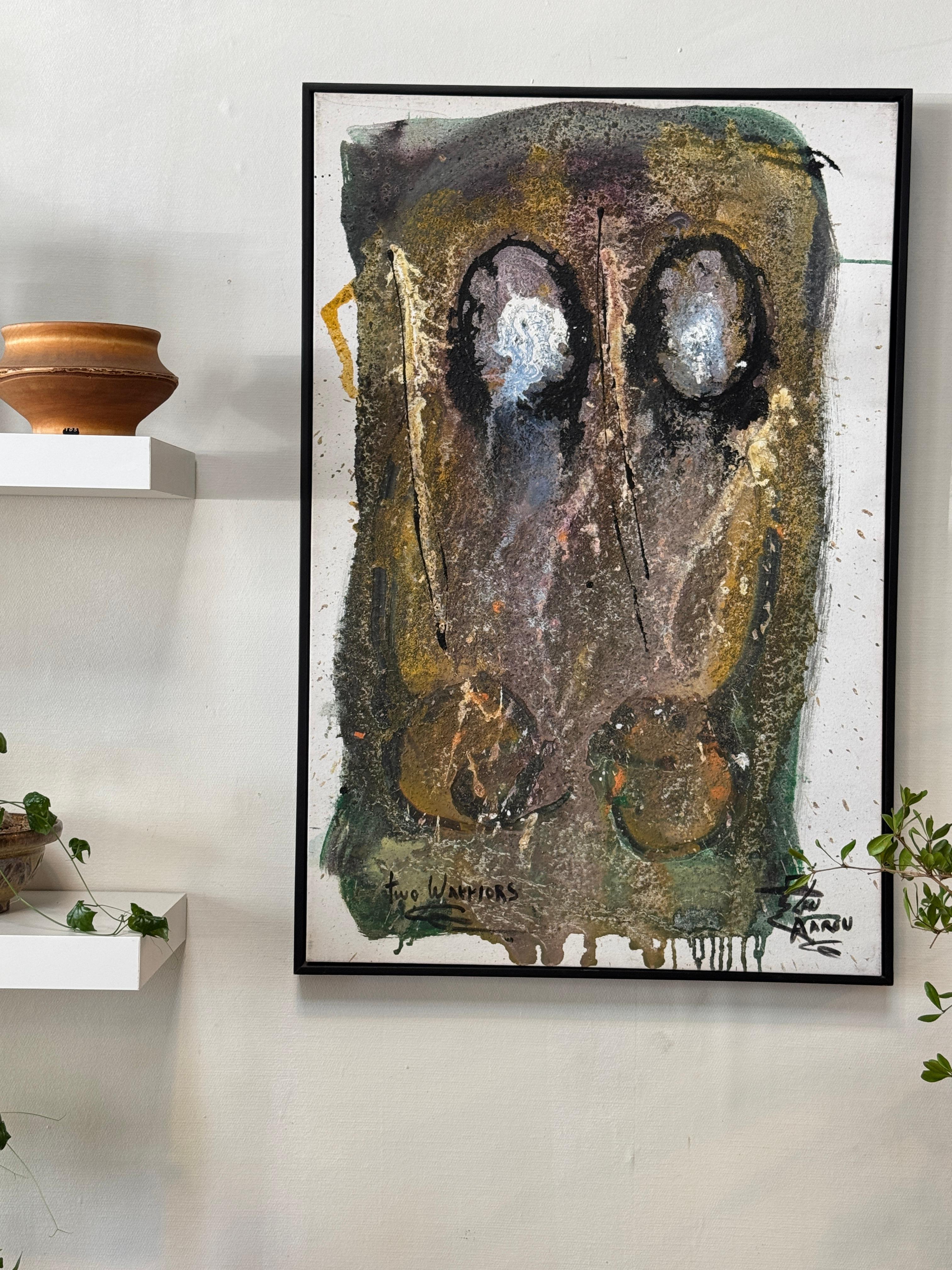 Expressionist Len Aaron Original Mixed Media Abstract Painting “Two Warriors” For Sale