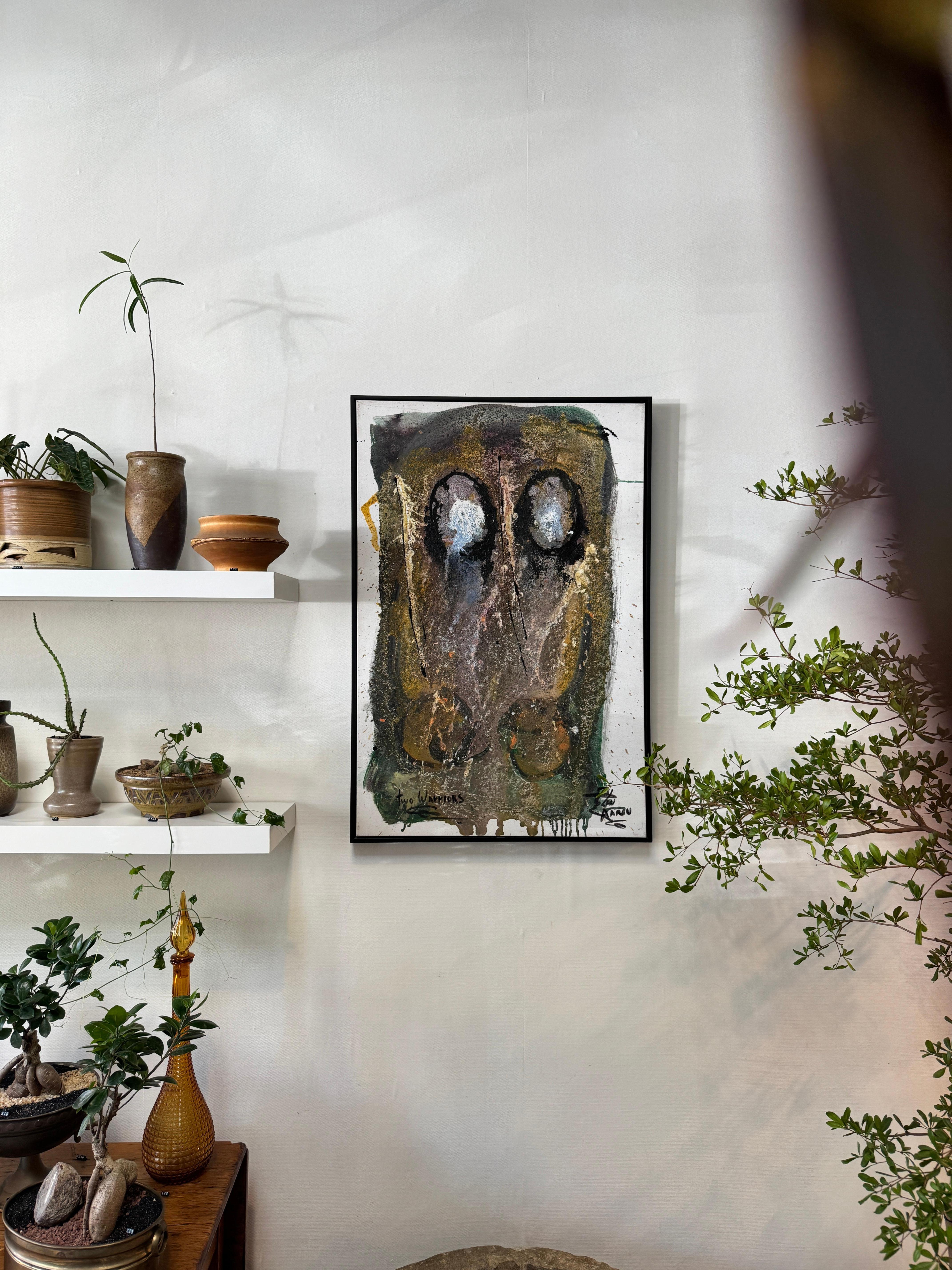 American Len Aaron Original Mixed Media Abstract Painting “Two Warriors” For Sale