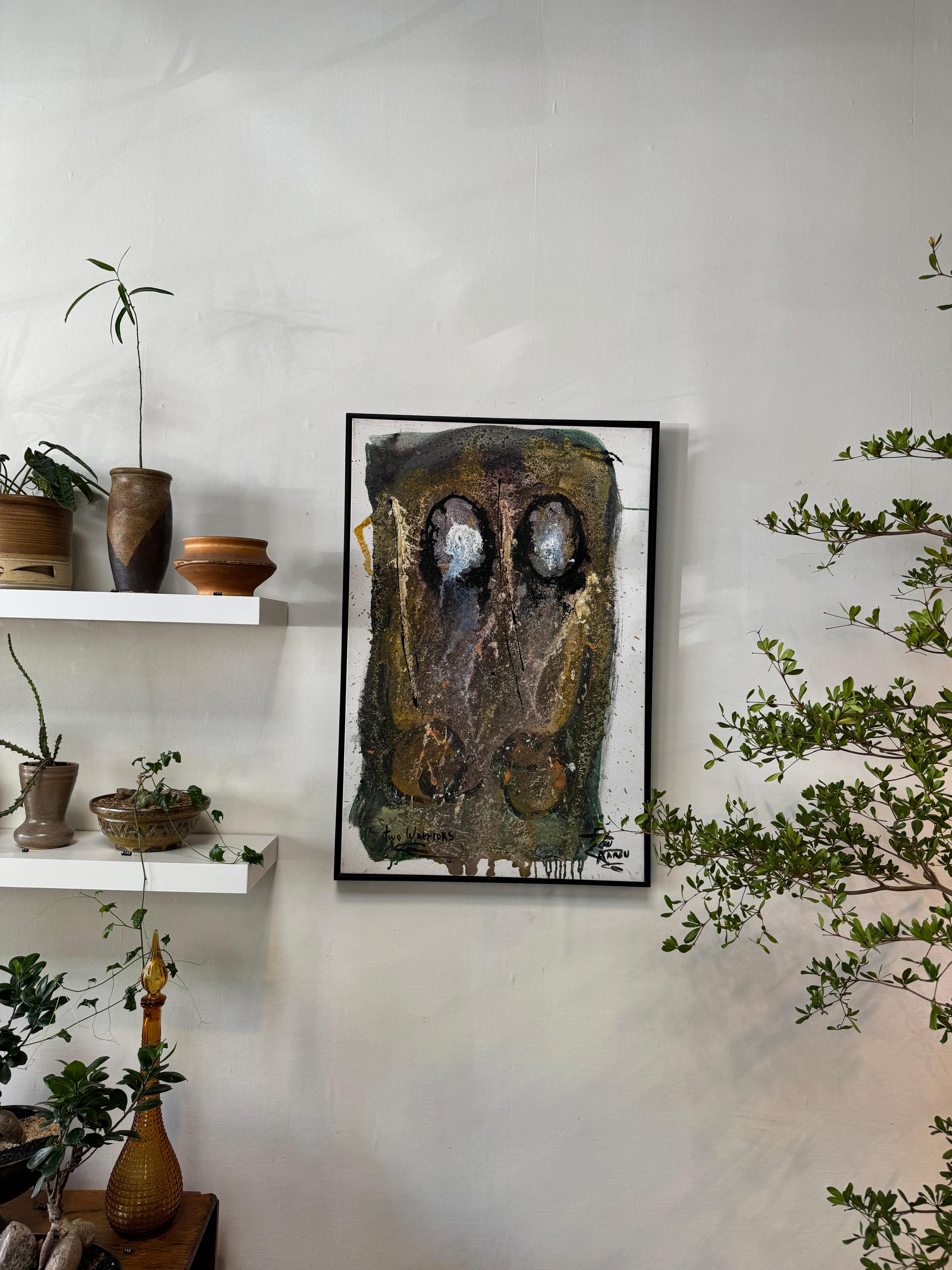 Brushed Len Aaron Original Mixed Media Abstract Painting “Two Warriors” For Sale