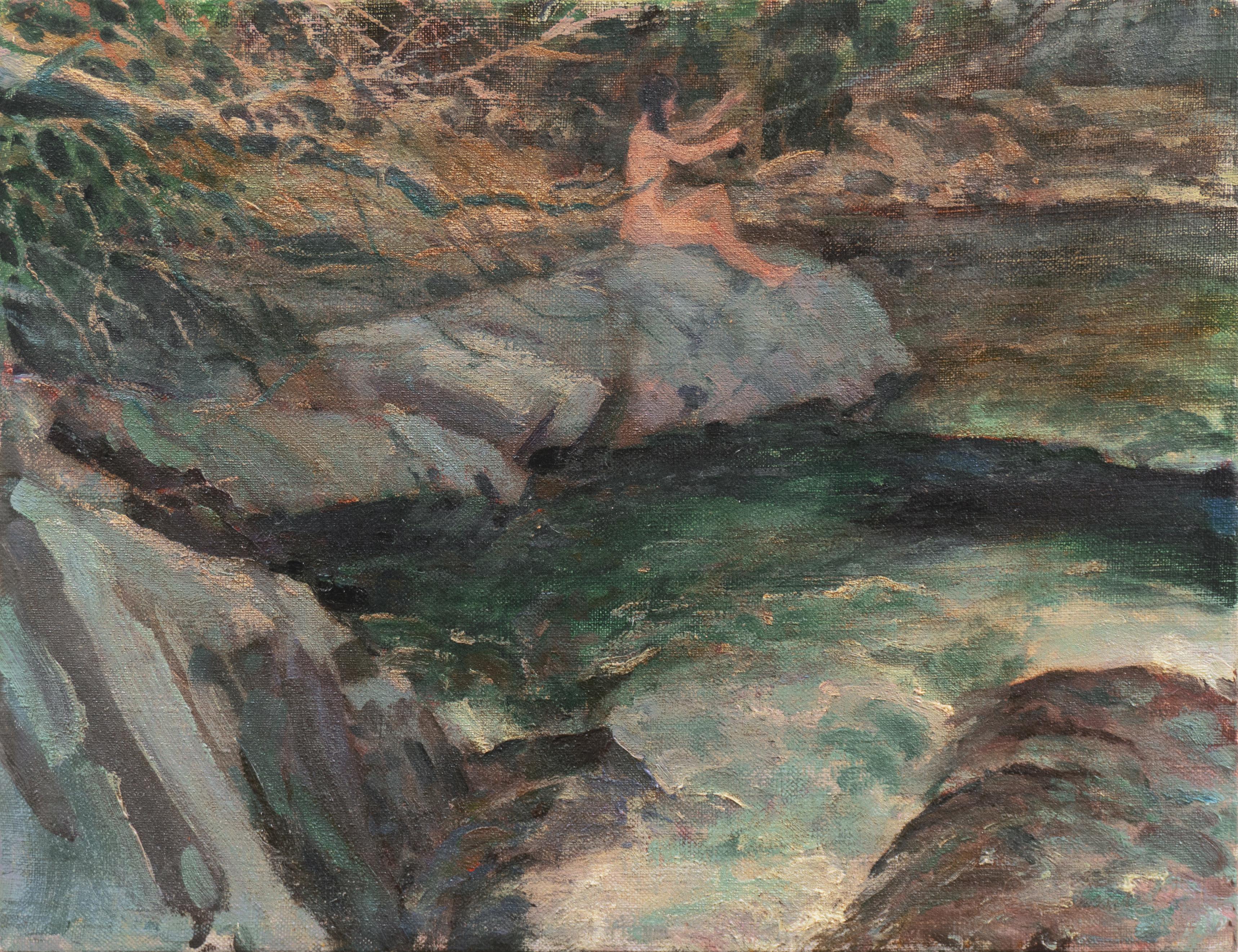 Landscape Painting de Len Chmiel - Bañarse junto al río", Artista de Colorado