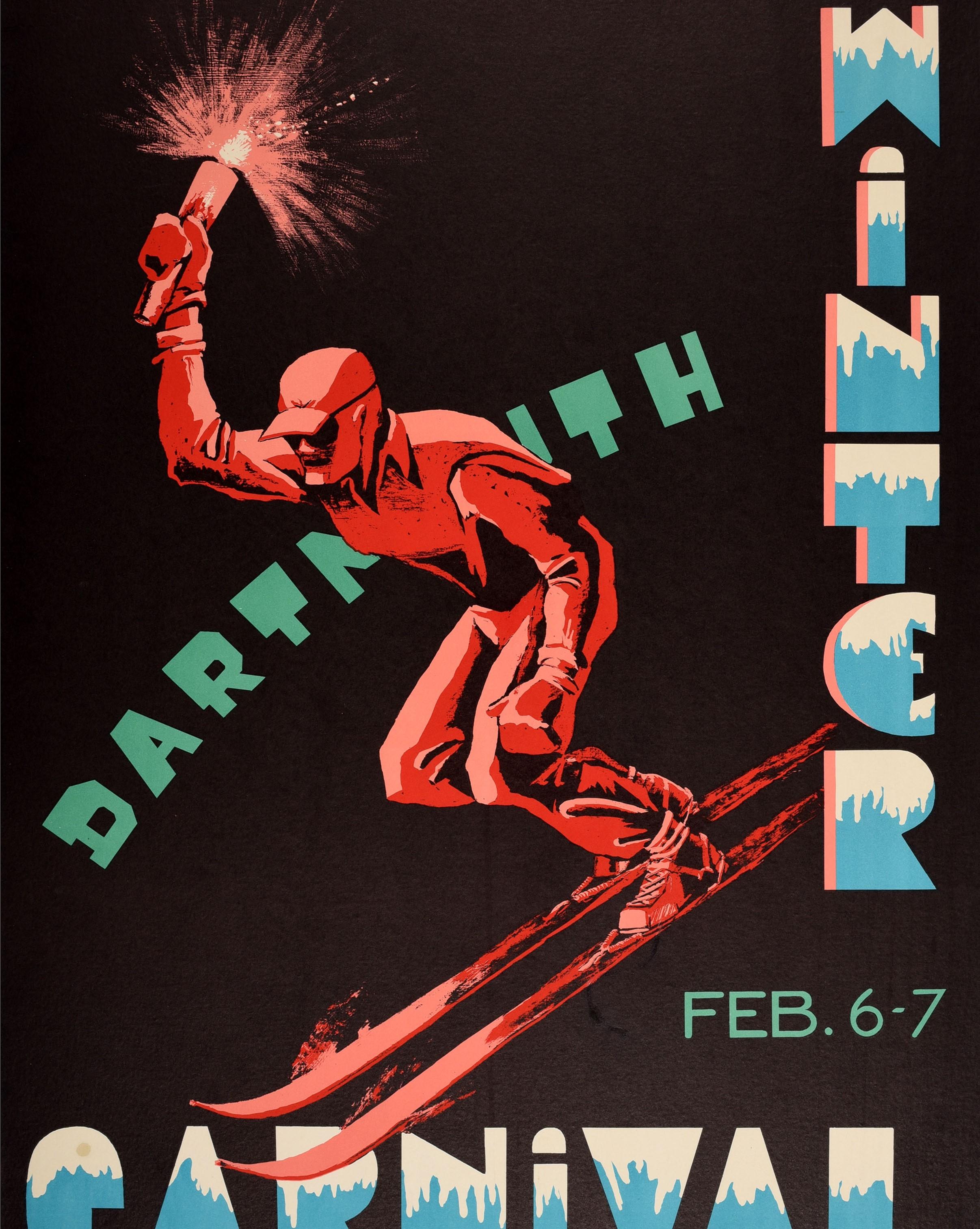 Originales Original-Skiplakat aus dem Dartmouth Winterschliff, der am 6-7. Februar 1953 stattfand, mit einem großartigen grafischen Entwurf des Dartmouth College-Schülers Leonard J. Clark (Schuleklasse '56), der einen Skier zeigt, der eine