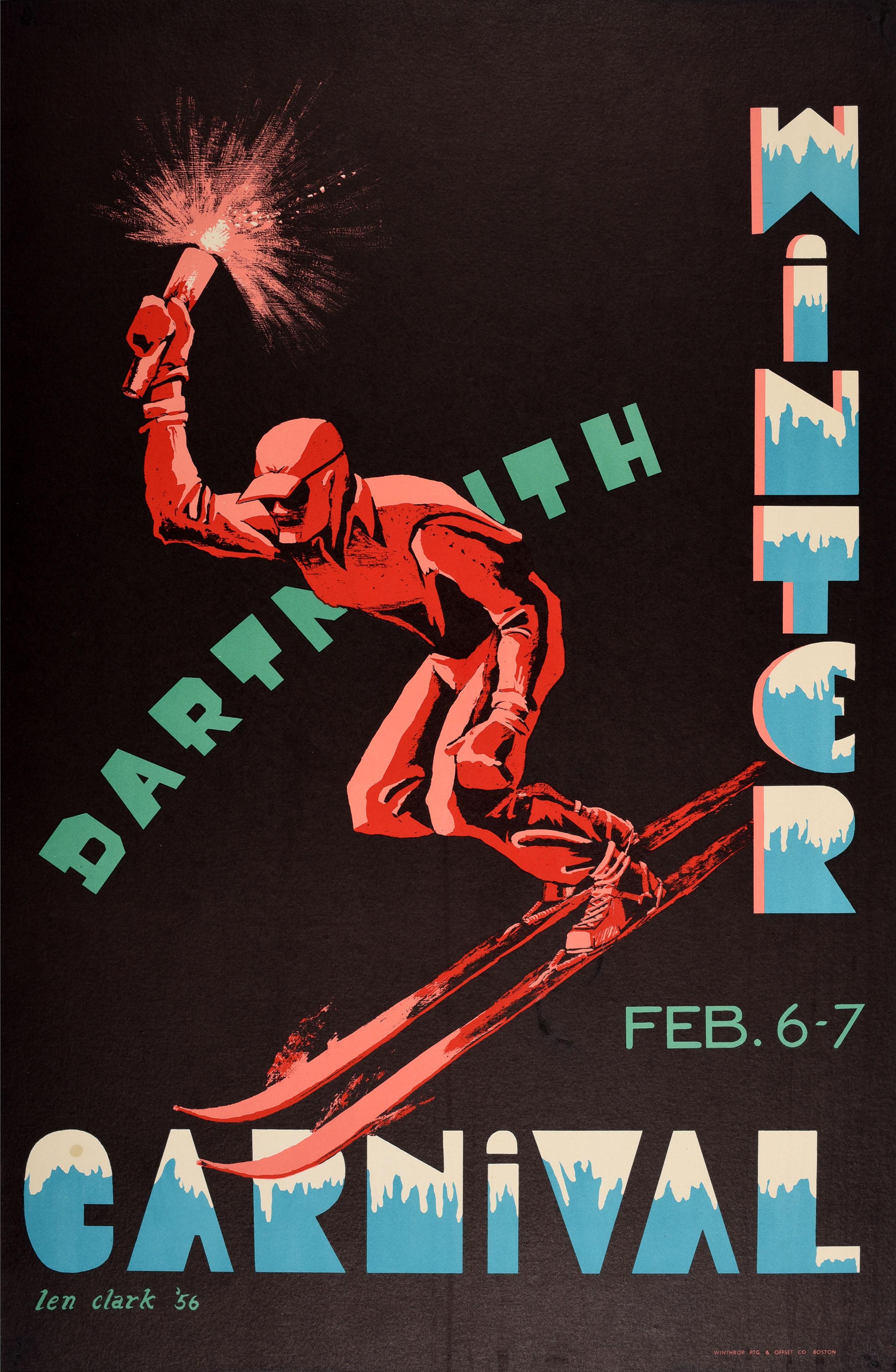 Len Clark Print – Original Vintage-Ski-Poster, Dartmouth College, Winterschliff 1953, Ski-Design