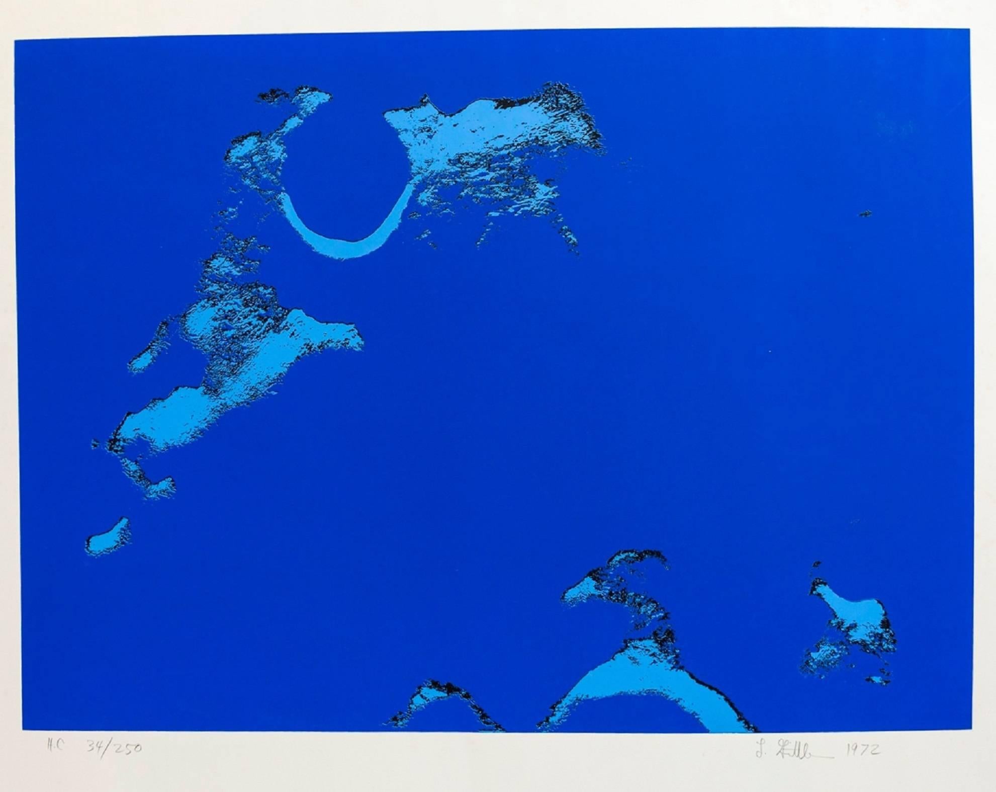 Len Gittleman Abstract Print – Lunar-Landschaft Abstrakt, signiert, nummeriert, blauer Siebdruck