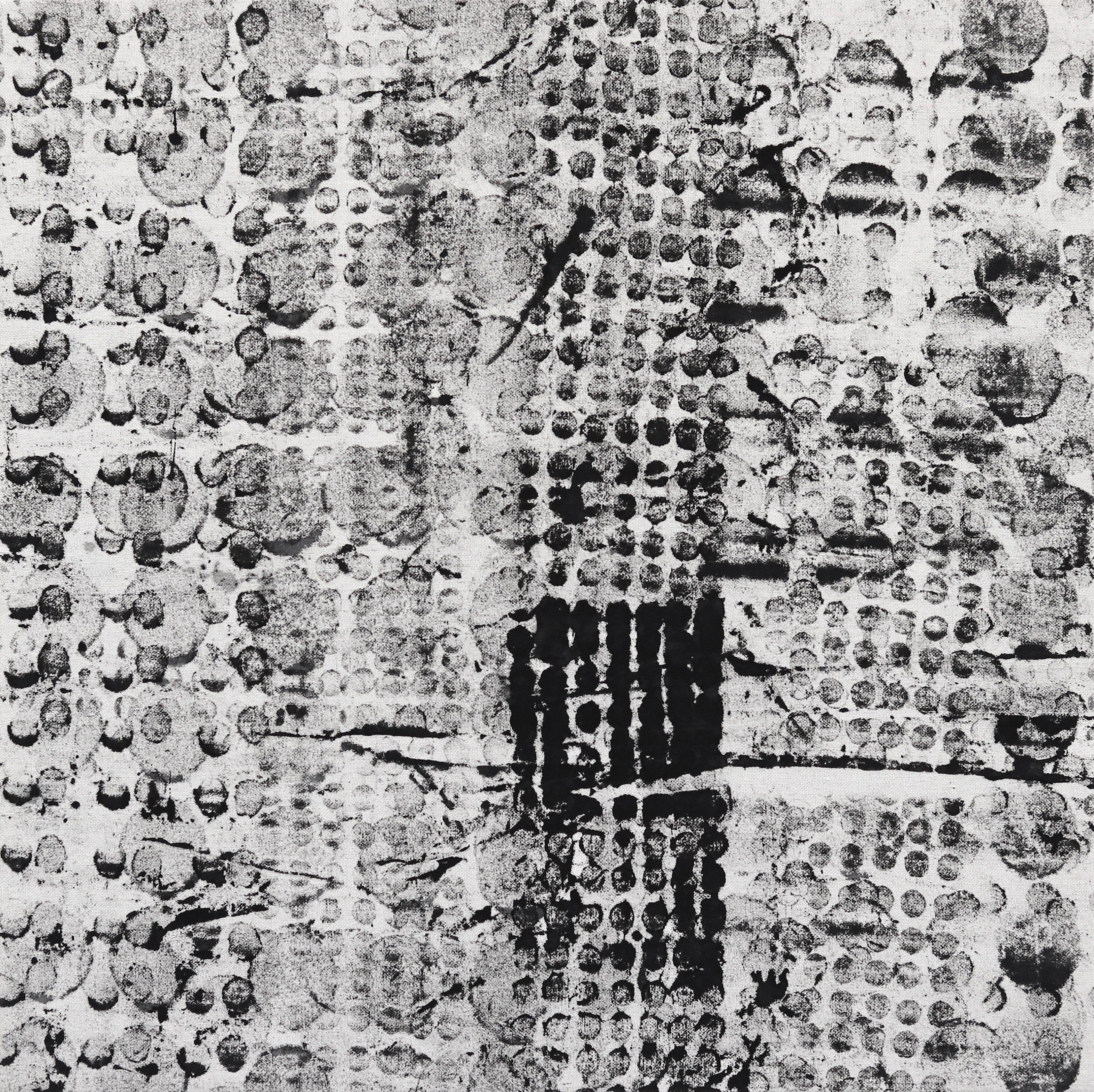 Len Klikunas Abstract Painting – Macro Micro Squared #1 - Schwarzes gepunktetes abstraktes Kunstwerk auf natürlichem grauem Leinwand