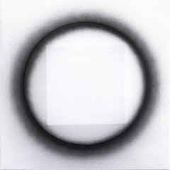 Without Question - Sculptural Minimalist Black Circle over White Square Artwork