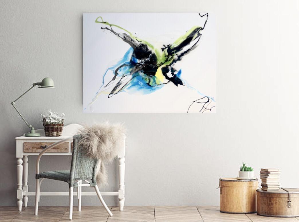 Blue Flows - abstract painting in green, black, light blue and white color - Art by Lena Cher