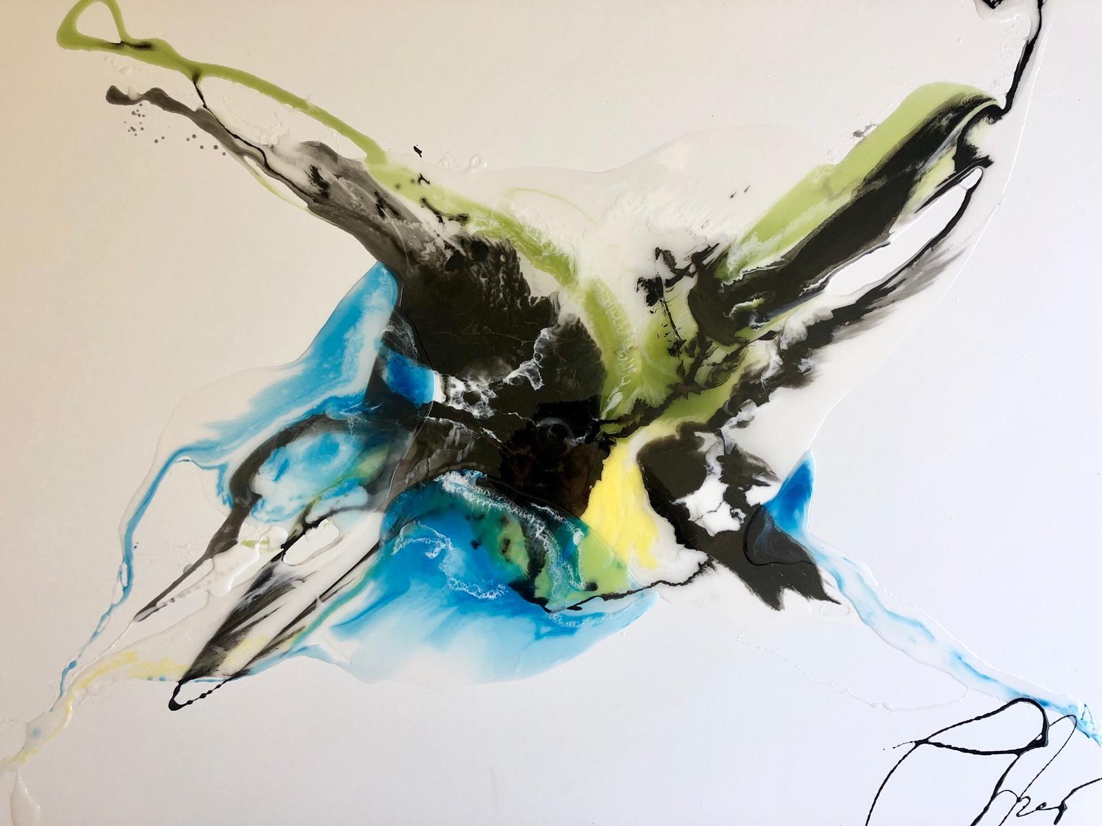 Blue Flows - quadro astratto di colore verde, nero, azzurro e bianco
