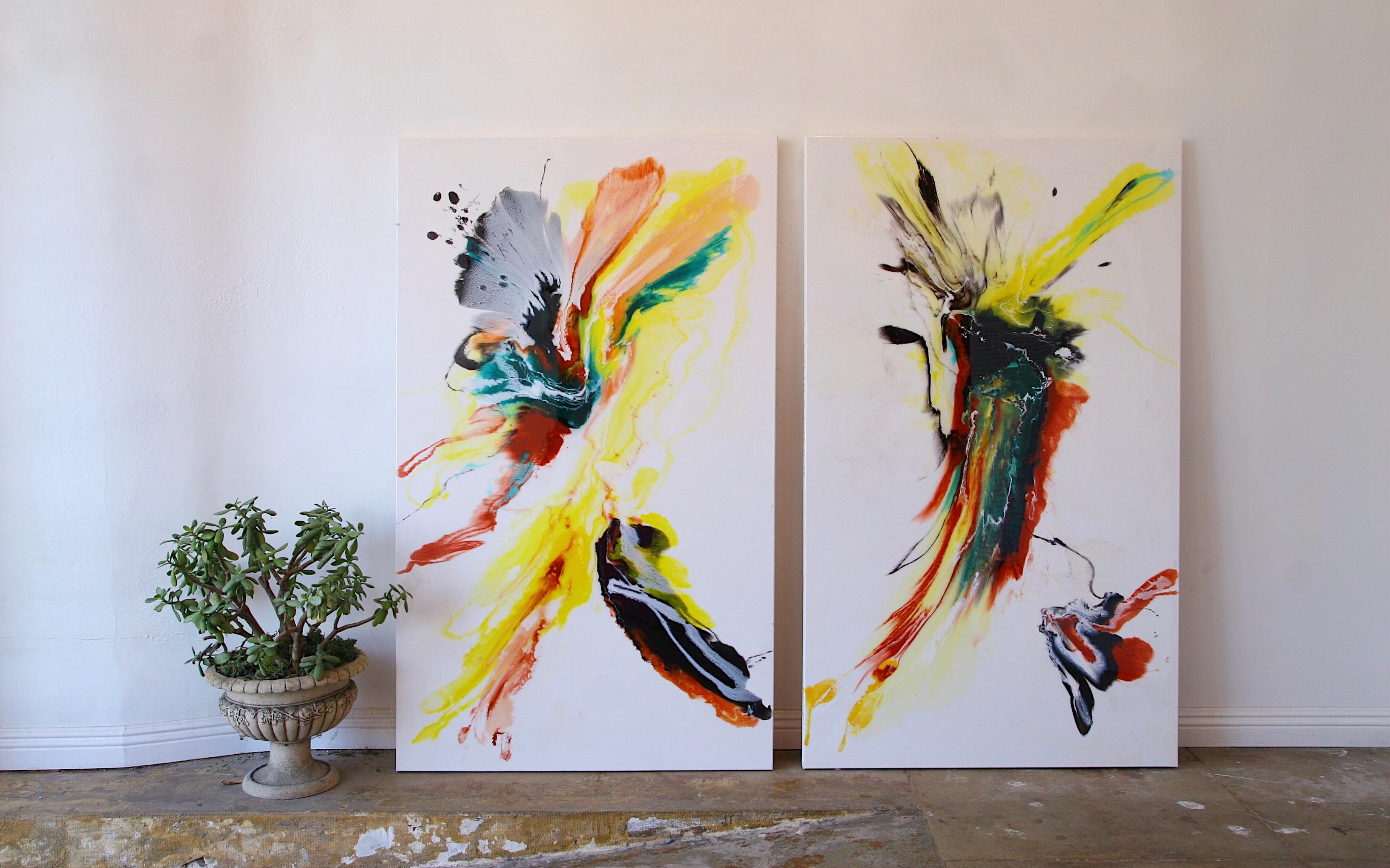 Color of unloved #1 & #2 diptych-abstract art in red, yellow, black, white - Painting by Lena Cher
