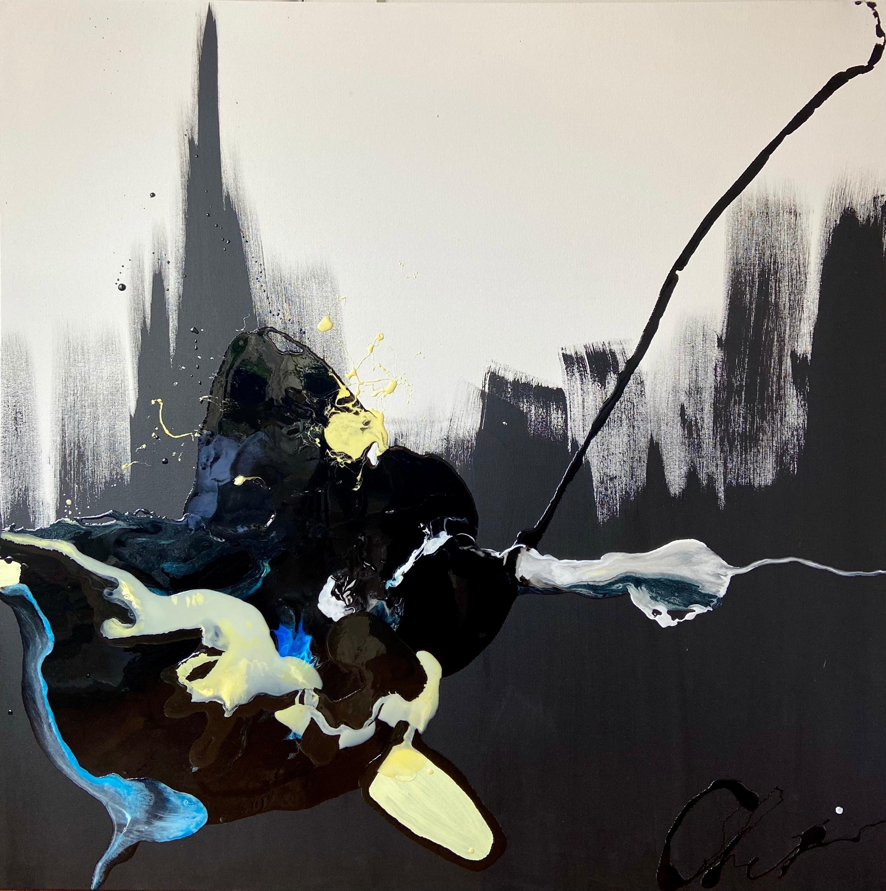 En busca de la paz - arte abstracto realizado en color azul, amarillo, negro y blanco