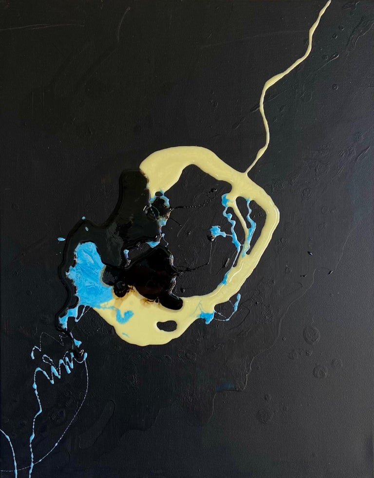 Lena Cher Abstract Painting - Liquid Face - abstraction art made in blue, yellow, black and white color